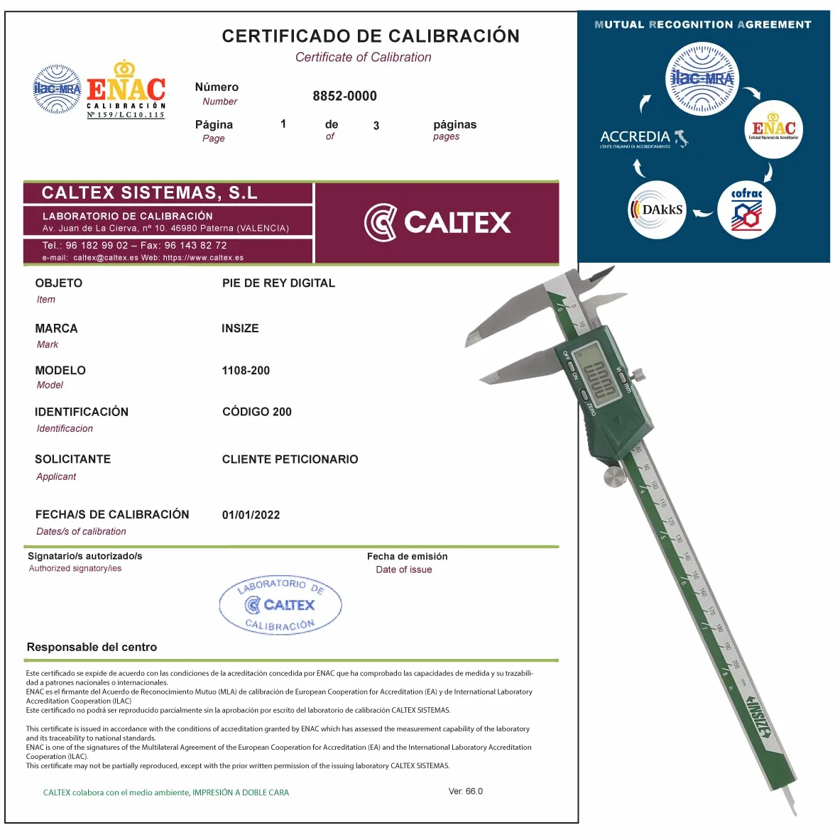 INSIZE 1108-200 Pie de rey Calibrado ENAC con Certificado de Calibración