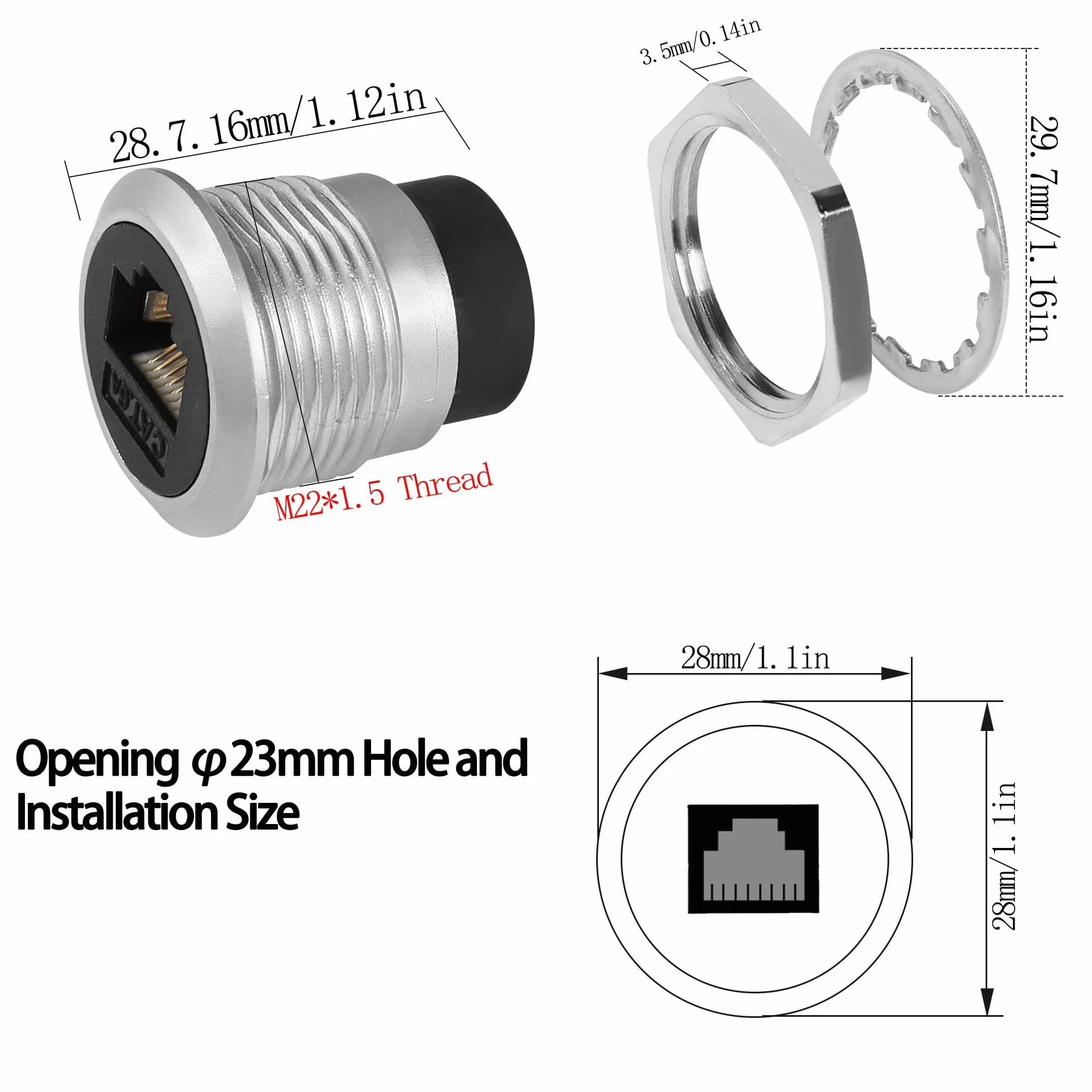 QIANRENON Cat6a RJ45 Adaptador Fijación Fija Roscada Hembra a Hembra Panel Montaje Ethernet Aluminio Impermeable