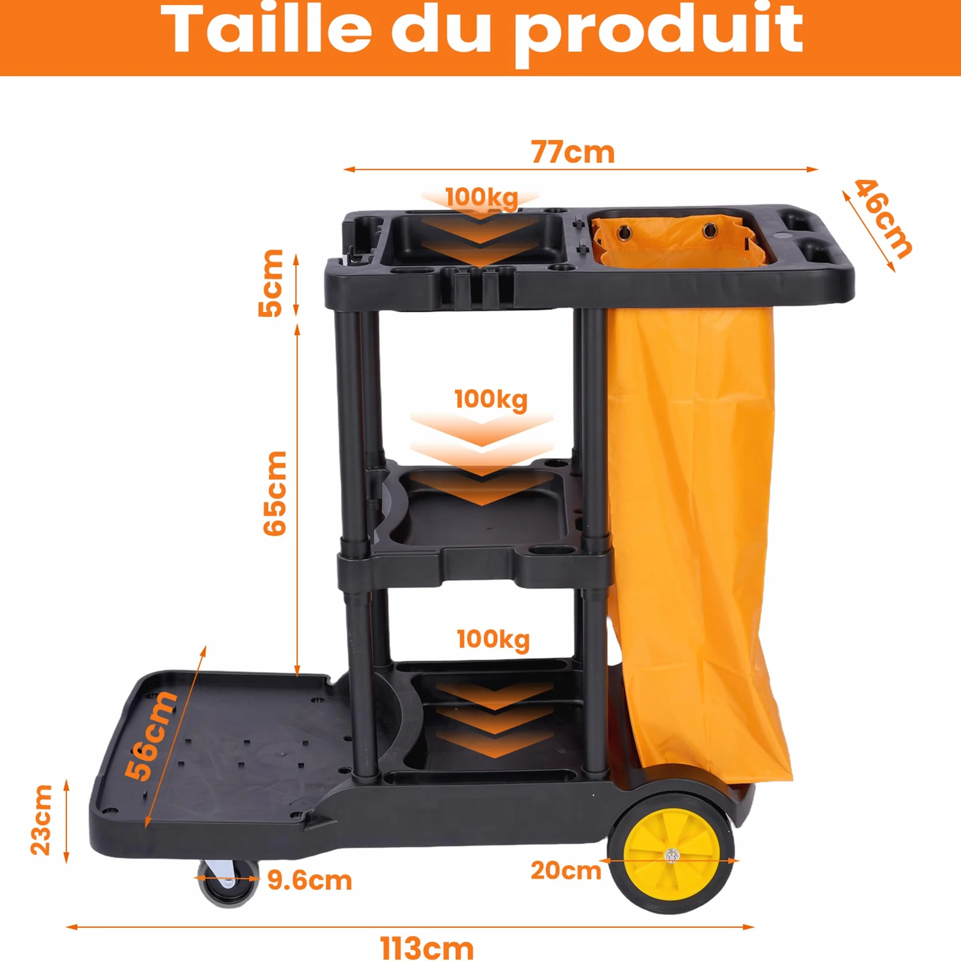 Uyoyous Carro de limpieza profesional, 3 niveles con 4 ruedas, color negro y amarillo, bolsa grande de 65 l, carro de mantenimiento, 113 x 56 x 93 cm
