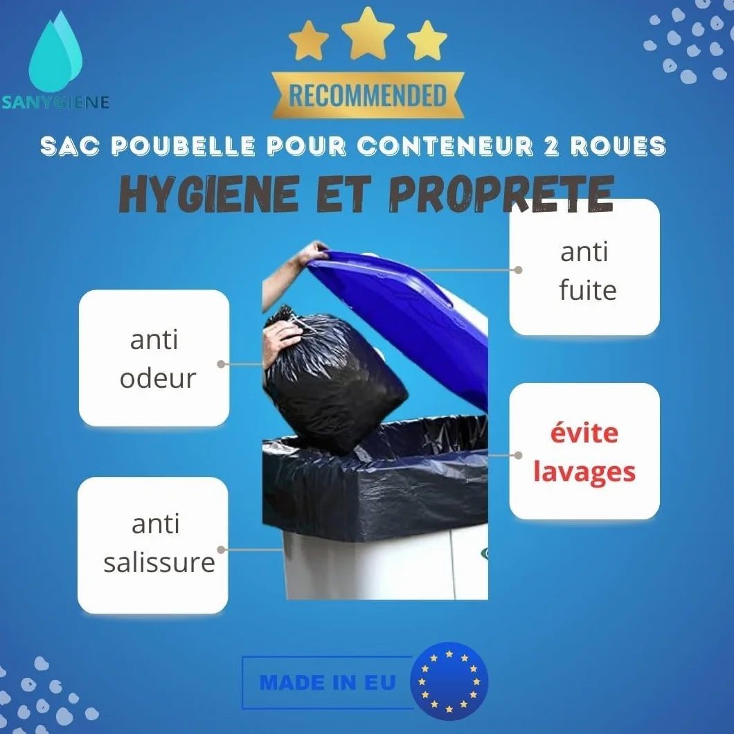 SANYGIENE | Bolsa de basura 1000-1100 L | Funda protectora contenedor 1000 L | Cartón 50 bolsas | Negro opaco | Gama profesional | Grosor 30µ | Anti fugas