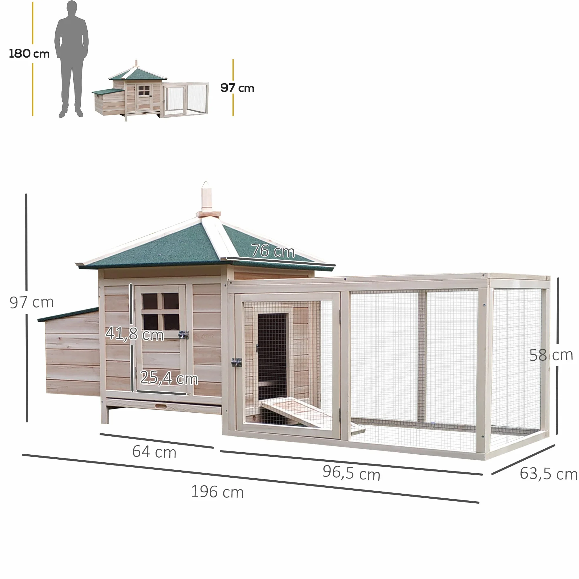 PawHut Gallinero de Madera de Pino para Exterior con Caja Nido 196x76x97 cm