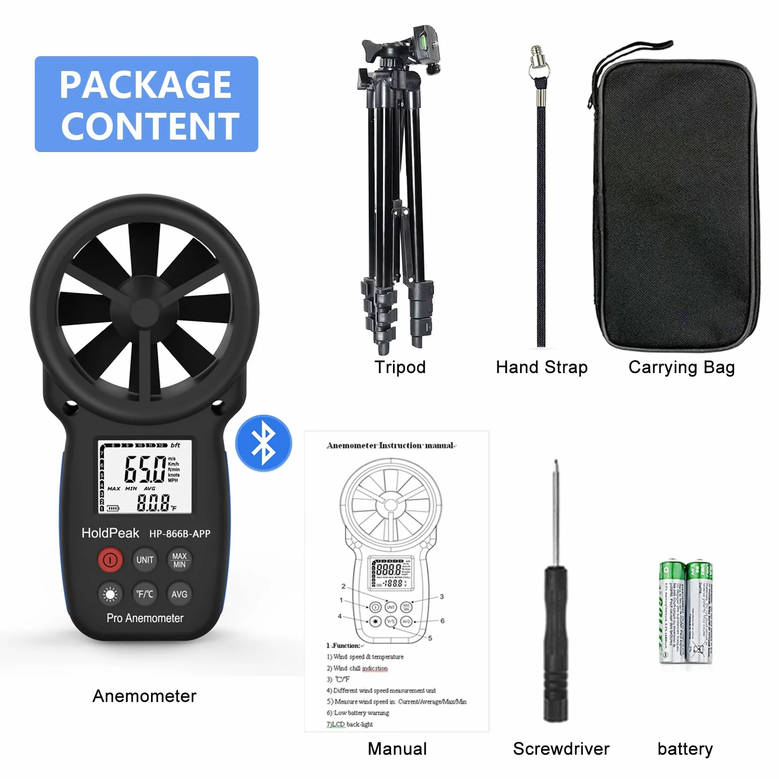 Anemómetro Digital HoldPeak 866B-APP Medidor de Velocidad Viento Bluetooth Inalámbrico Temperatura