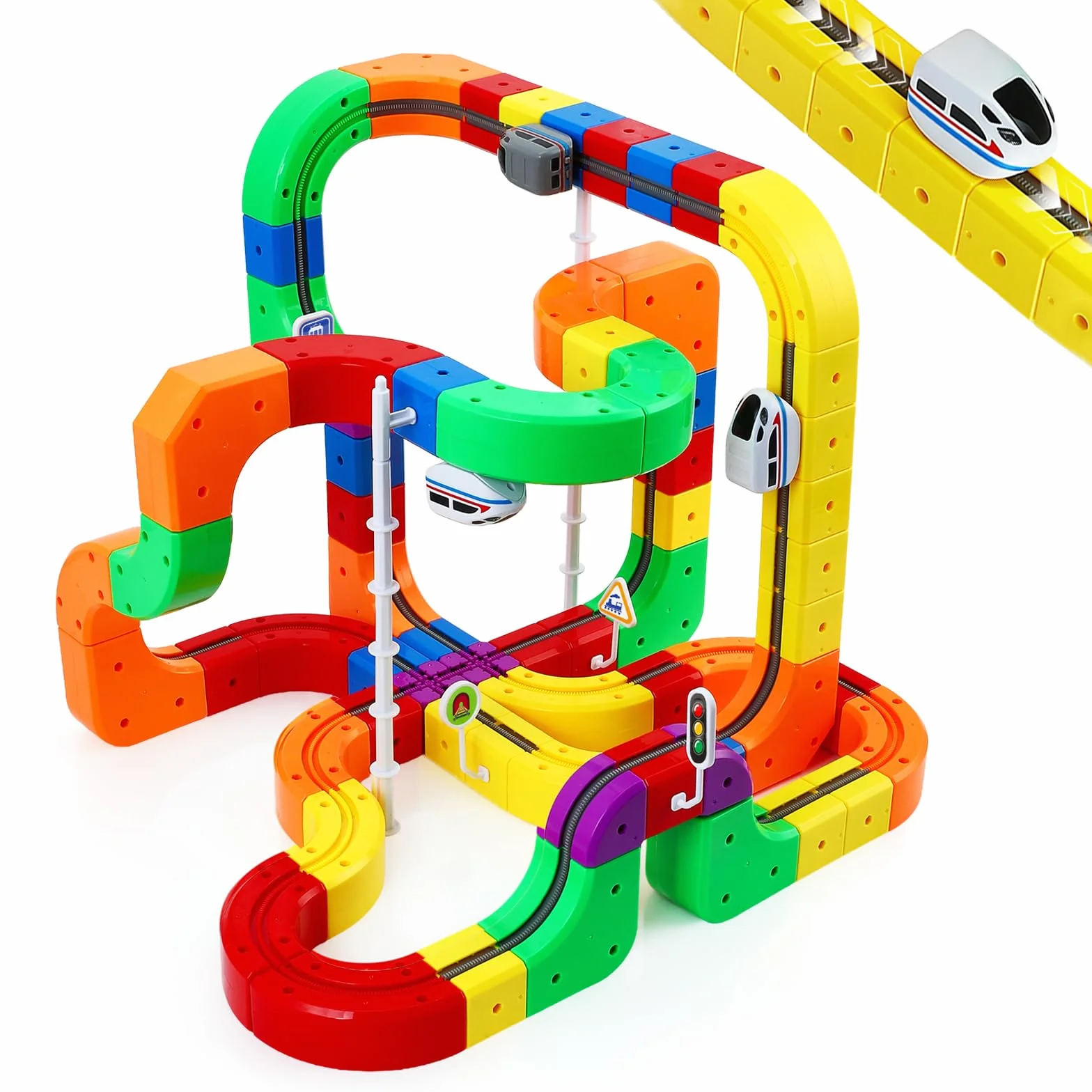 Juego de Trenes de Cubos mágicos 123 Piezas, Tren eléctrico 3D, Pista Flexible, Juguete construcción motorizado
