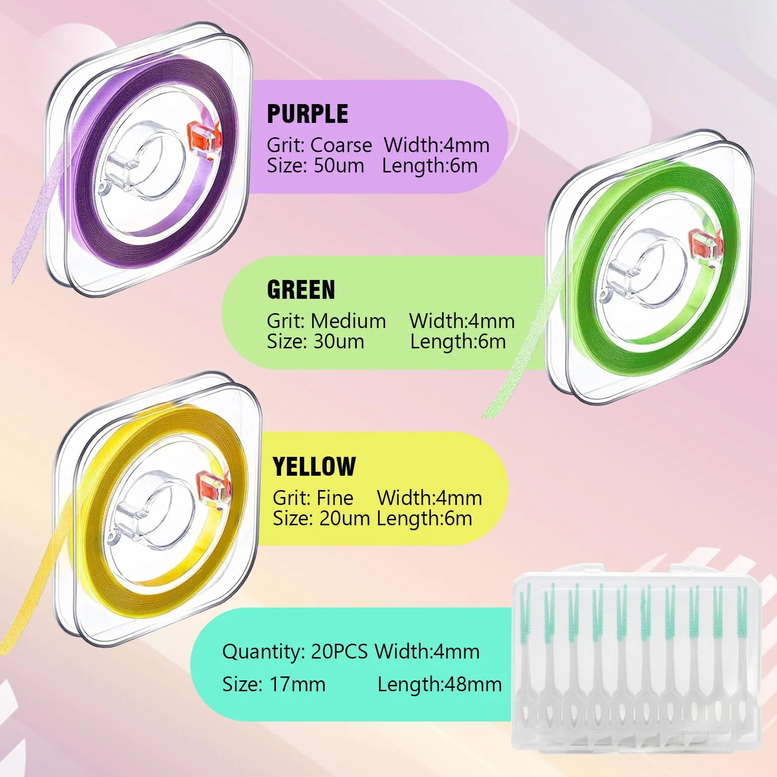 Papel de Lija Interdental 3 Volúmenes Tiras de Lijado Dental 20/30 μm Amarillo/Verde/Morado Cepillo Interdental
