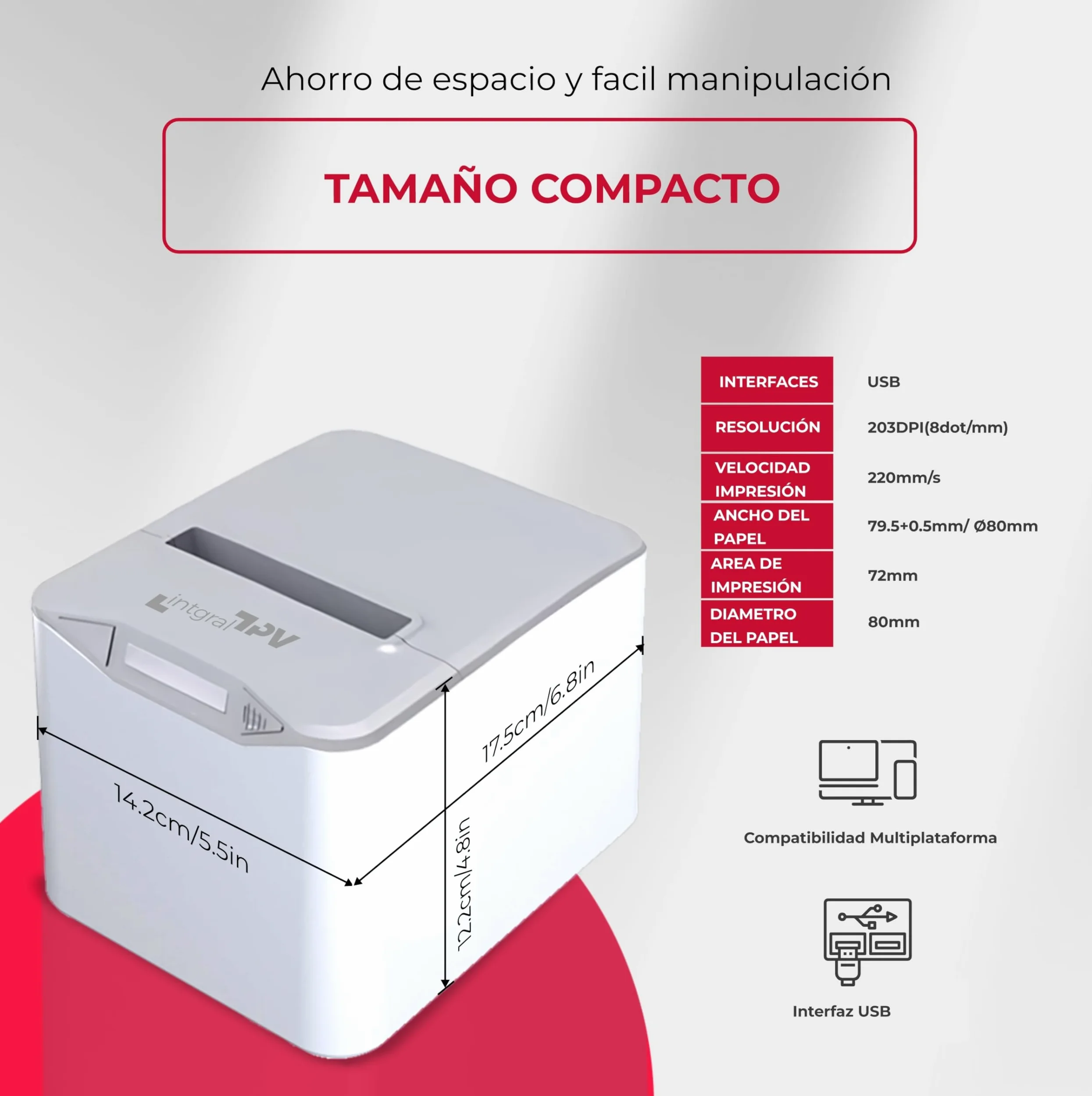8370 Impresora Térmica de Recibos/Tickets 80mm – Puerto/Conexión: USB, RJ11 – Corte Automático – Windows, Linux, Mac – Rollo Extra y pendrive con Drivers – TPV POS (Blanco/Gris)