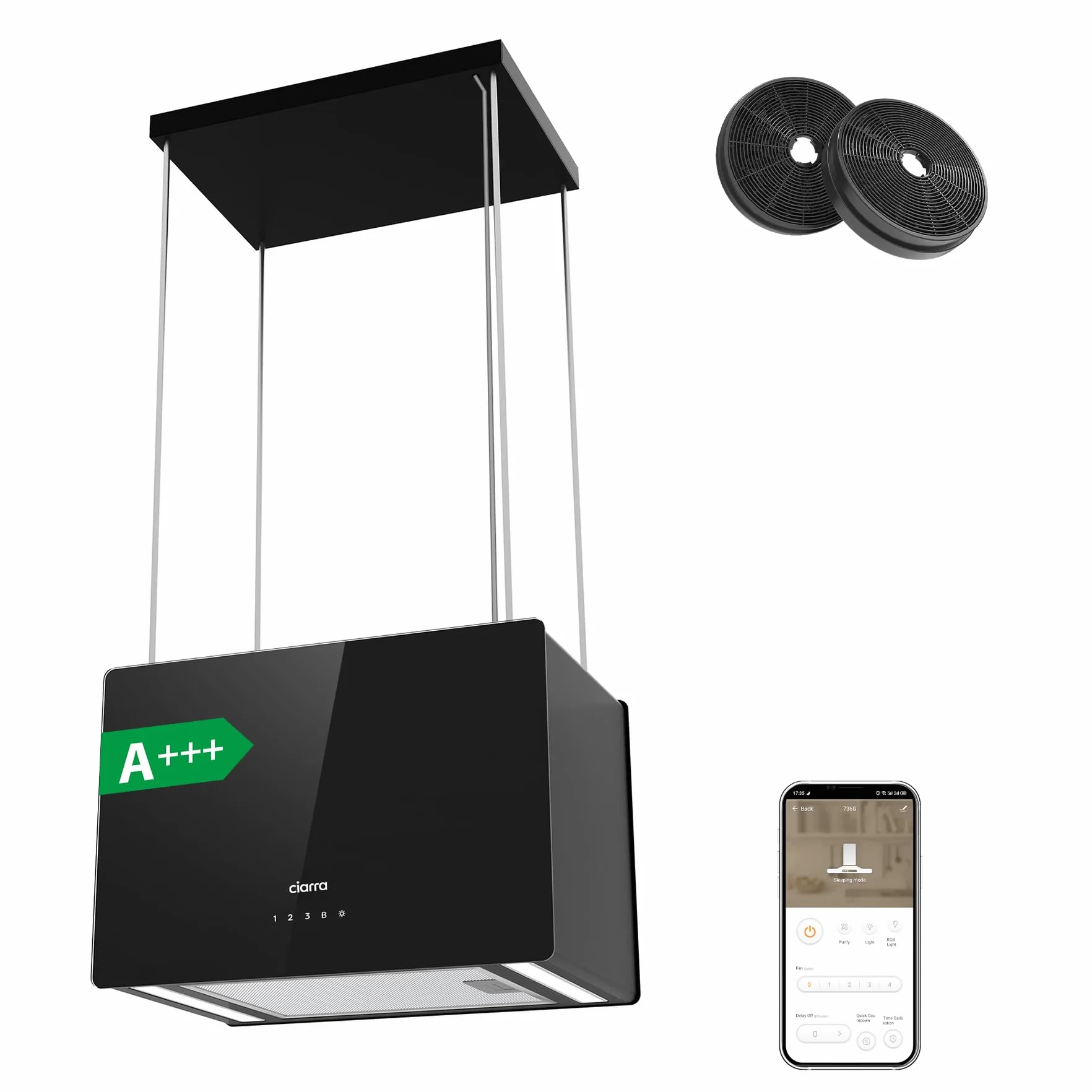 CIARRA CBCB4850 Campana Extractora Isla 48cm 700m³/h WiFi Control Táctil Clase A+++ Filtro Carbón 4 Velocidades LED Negro