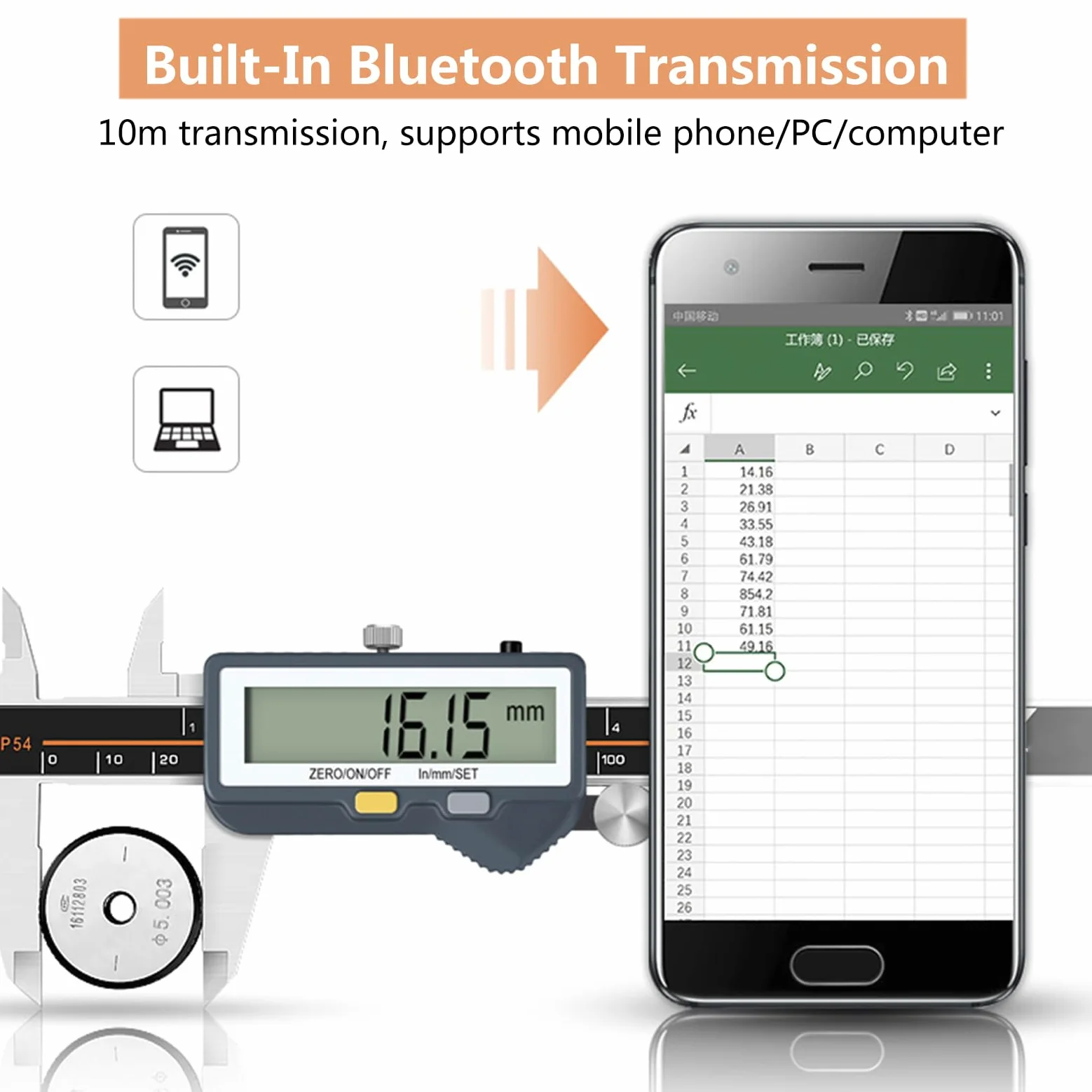 Calibre Digital IP54 Impermeable con Bluetooth,Pie de Rey Digital de Acero Inoxidable con Pantalla LCD,Vernier Caliper para Mediciones Externas,Internas,Profundidad y Paso,150mm/6in