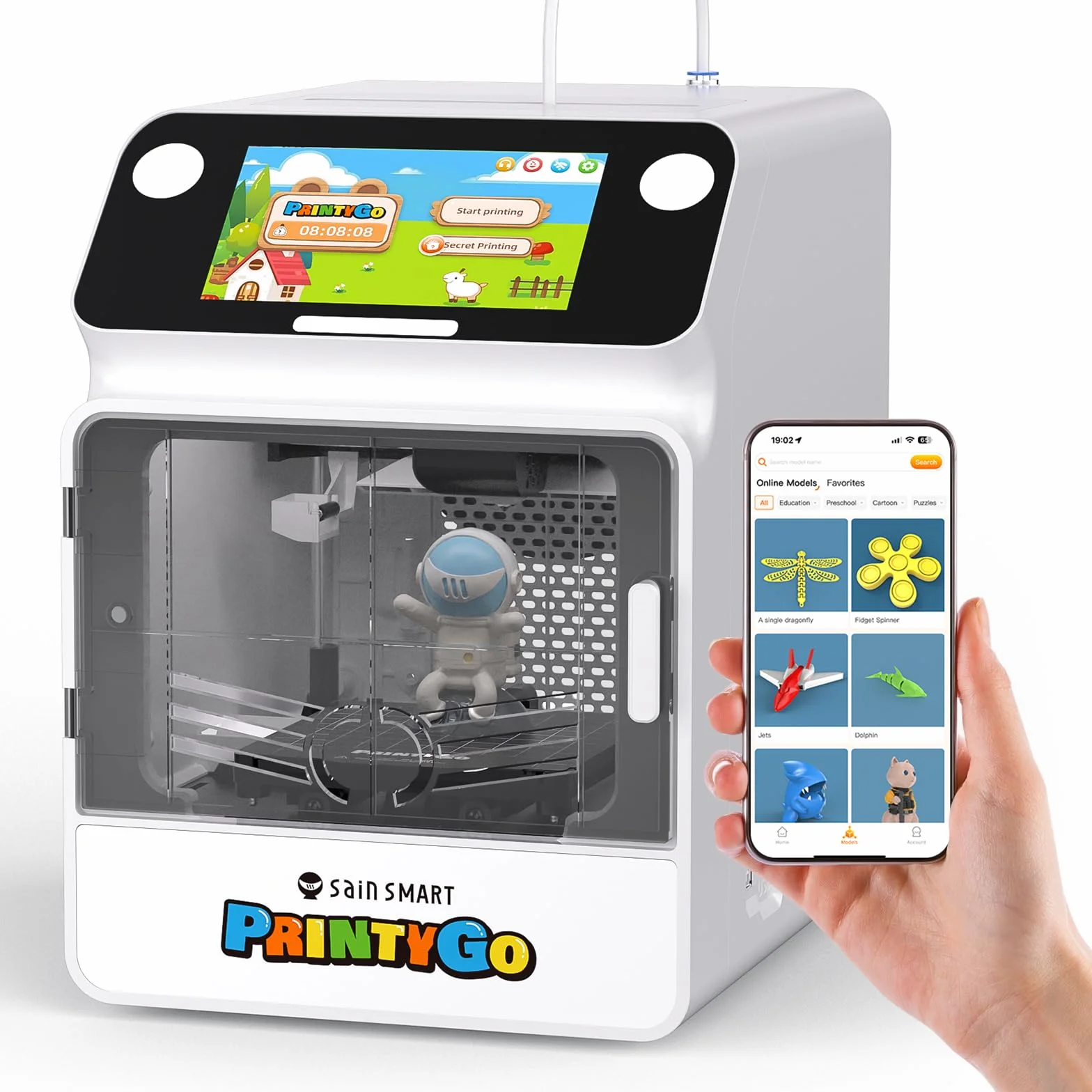 SainSmart Impresora 3D PrintyGo Mini para niños, 600 mm/s, autonivelación, Ideal para Principiantes, diseño Seguro para niños, Control por Wi-Fi/App, preensamblada para Aprendizaje Stem