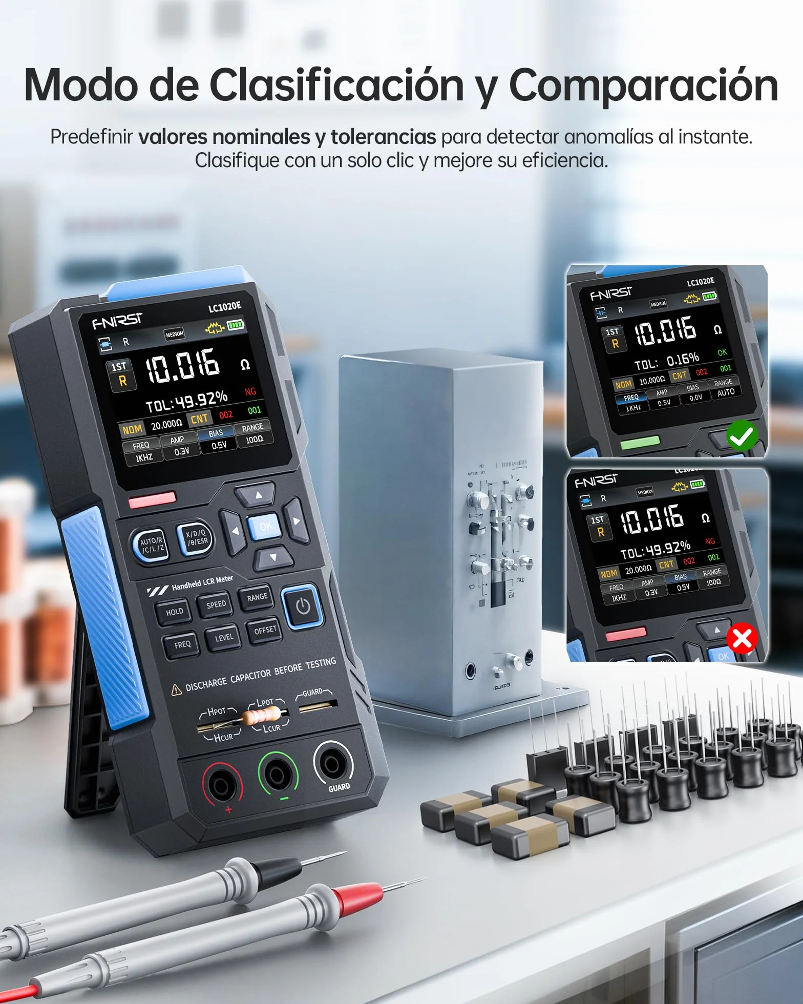 FNIRSI LC1020E Medidor Digital LCR 100kHz, Tester de Resistencia Inductor Condensador, 19999 Cuentas, Detección Auto de Componentes, Mide ESR/Q/D/θ/X, Pantalla Dual, Calibración Apertura Cortocircuito