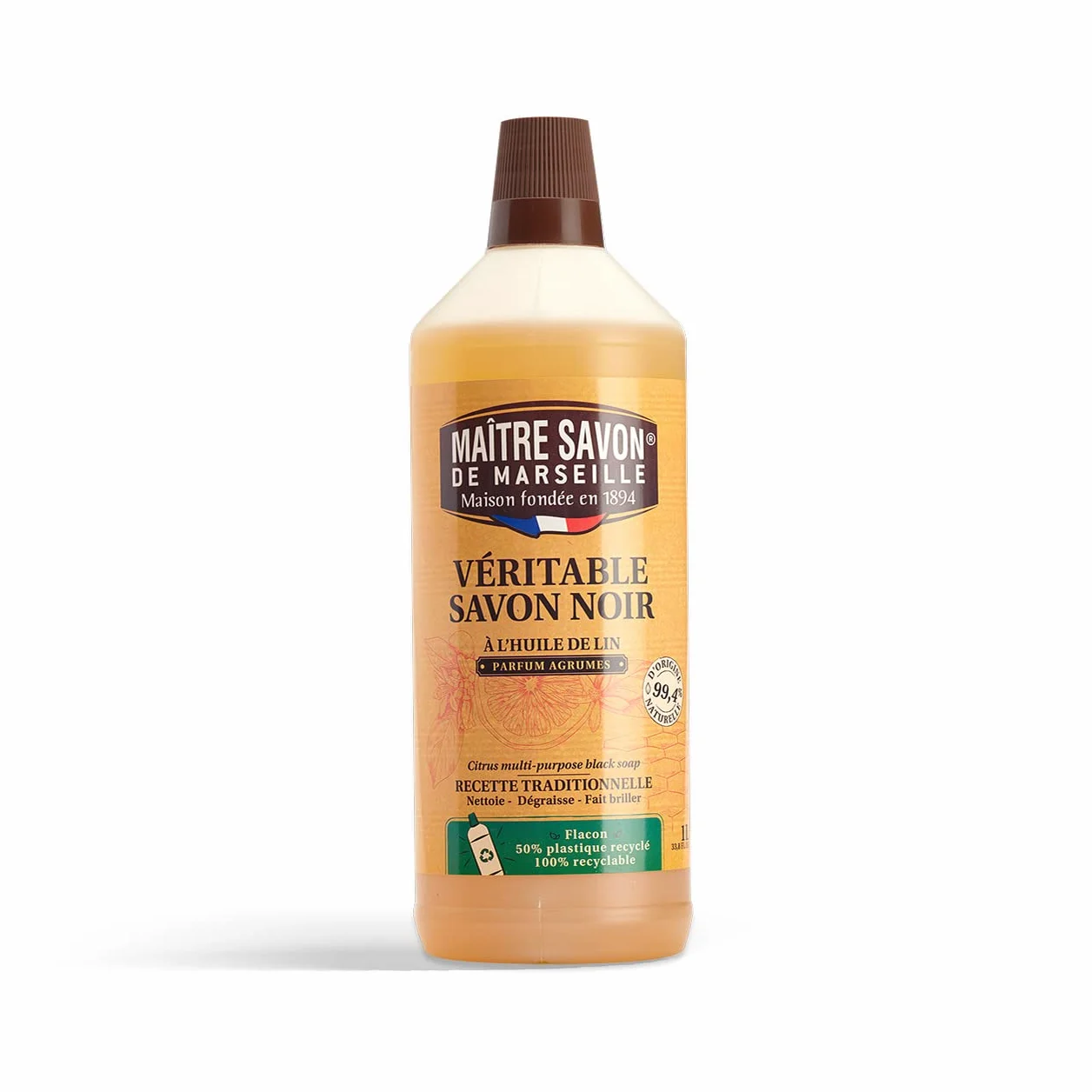 Maître Savon de Marseille Jabón negro aceite de Linaza 1L aroma Cítricos