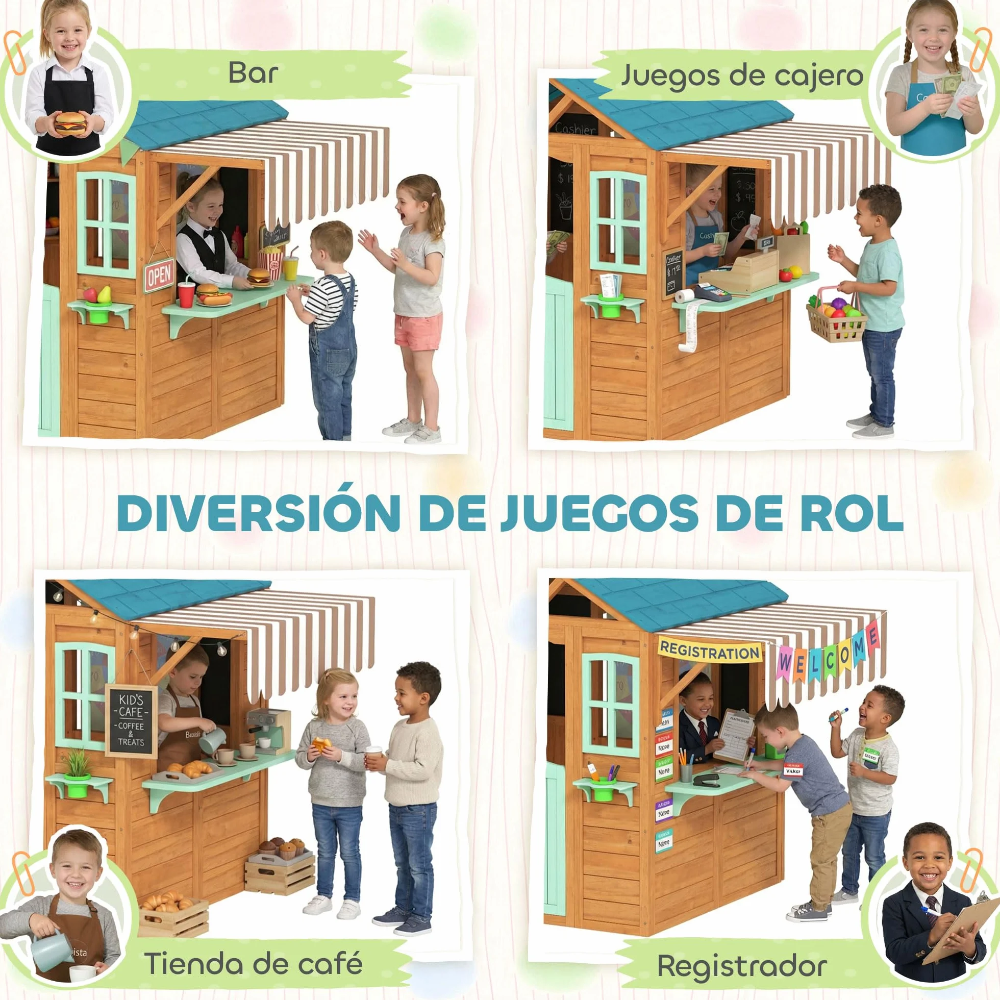 AIYAPLAY Casita Infantil Madera Exterior Interior con Barra Snack Maceteros Pizarra Ventanas Tela Tiro Pelotas Jardín Niños 3-6 Años Multicolor