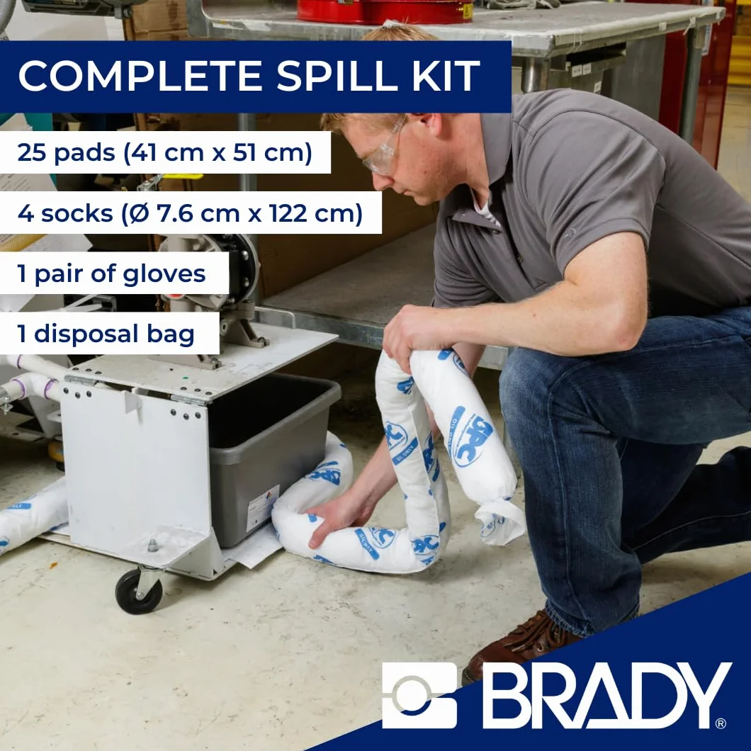 SPC® by Brady Kit Anticontaminación Aceite – Kit para Derrames de Aceite y Líquidos Derivados del Petróleo, Incluye 25 Almohadillas Absorbentes para Aceite, 4 Calcetines, Guantes y Bolsa para Desechos
