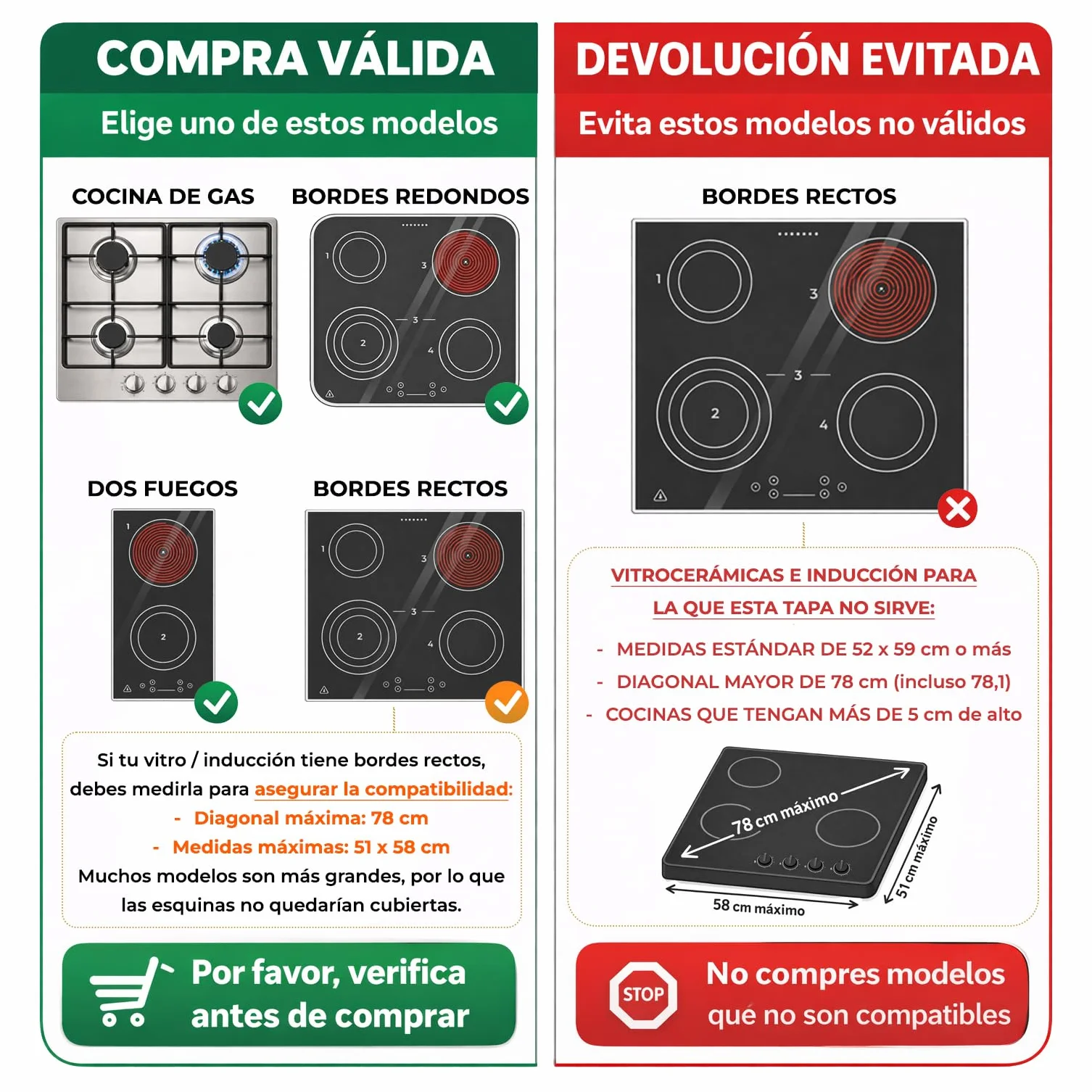 Tapa encimera gas vitrocerámica acero inoxidable 58 cm cubre fuegos blanco negro
