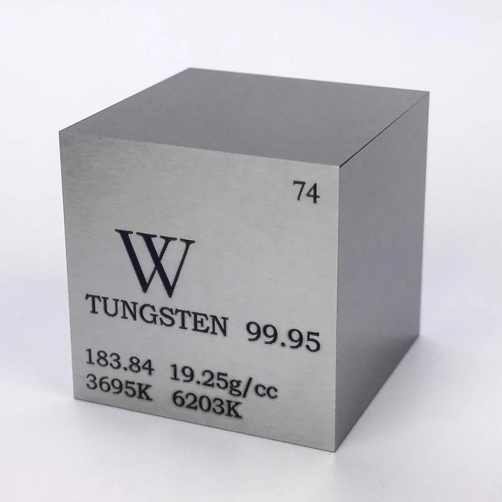 Cubo de Metal de Tungsteno Chinaium, 1 pulgada 25,4mm, 315g, 99,95% Puro, con Tabla Periódica Grabada W Specimen