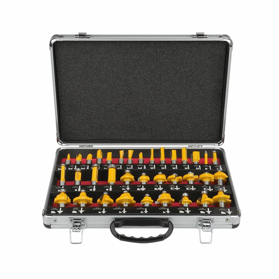 Hoteche Juego de fresas superiores de 35 piezas, vástago de 12 mm, acero aleado, para fresadoras de madera de calidad industrial para madera dura y blanda, con 1 filo plano