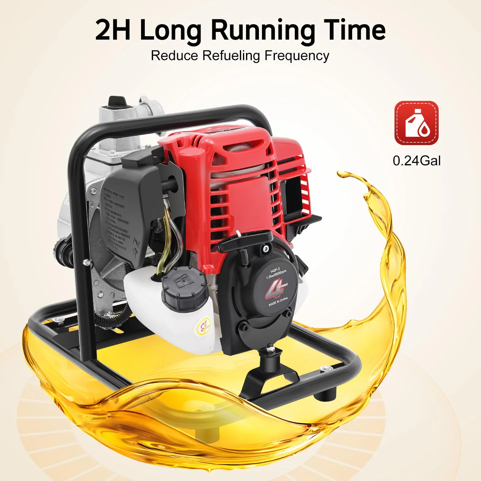 Bomba de agua de gasolina de 4 tiempos, bomba de motor de alta presión para jardín, bomba de lodo, bomba de gasolina, motor de un cilindro refrigerado por aire, 38cc, 1,2 kW, 8500 rpm