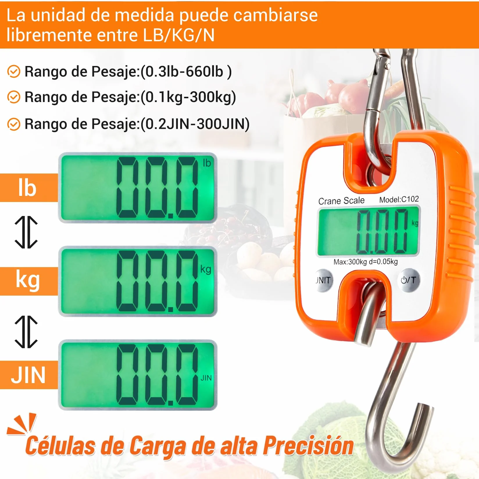 CarBole Báscula de Grúa Digital de 300KG/660lb,Báscula Portátil de Elevación con Pantalla LCD y Gancho Robusto,para Usos Industriales
