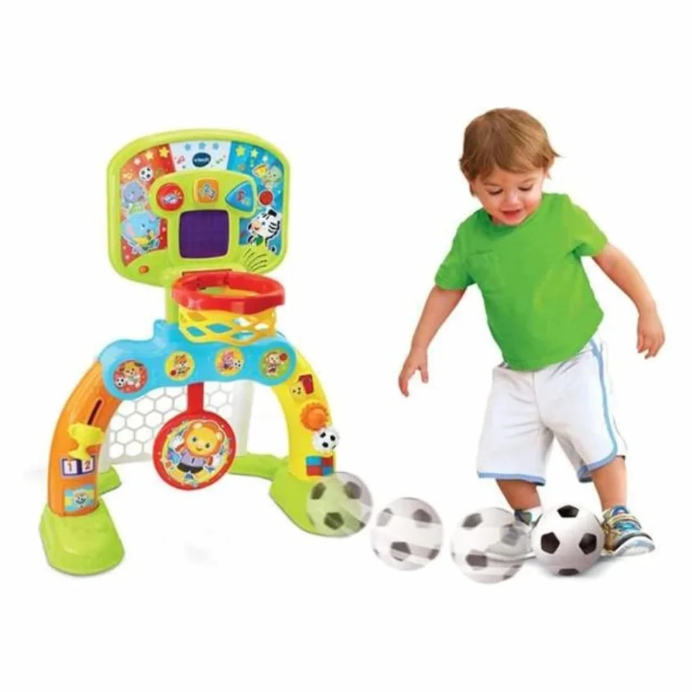 VTech Baby Centro de Deportes Basket-GOL Portería fútbol Canasta Baloncesto Diana Efectos Especiales respuestas interactivas Tres Pelotas Marcador LED versión ESP