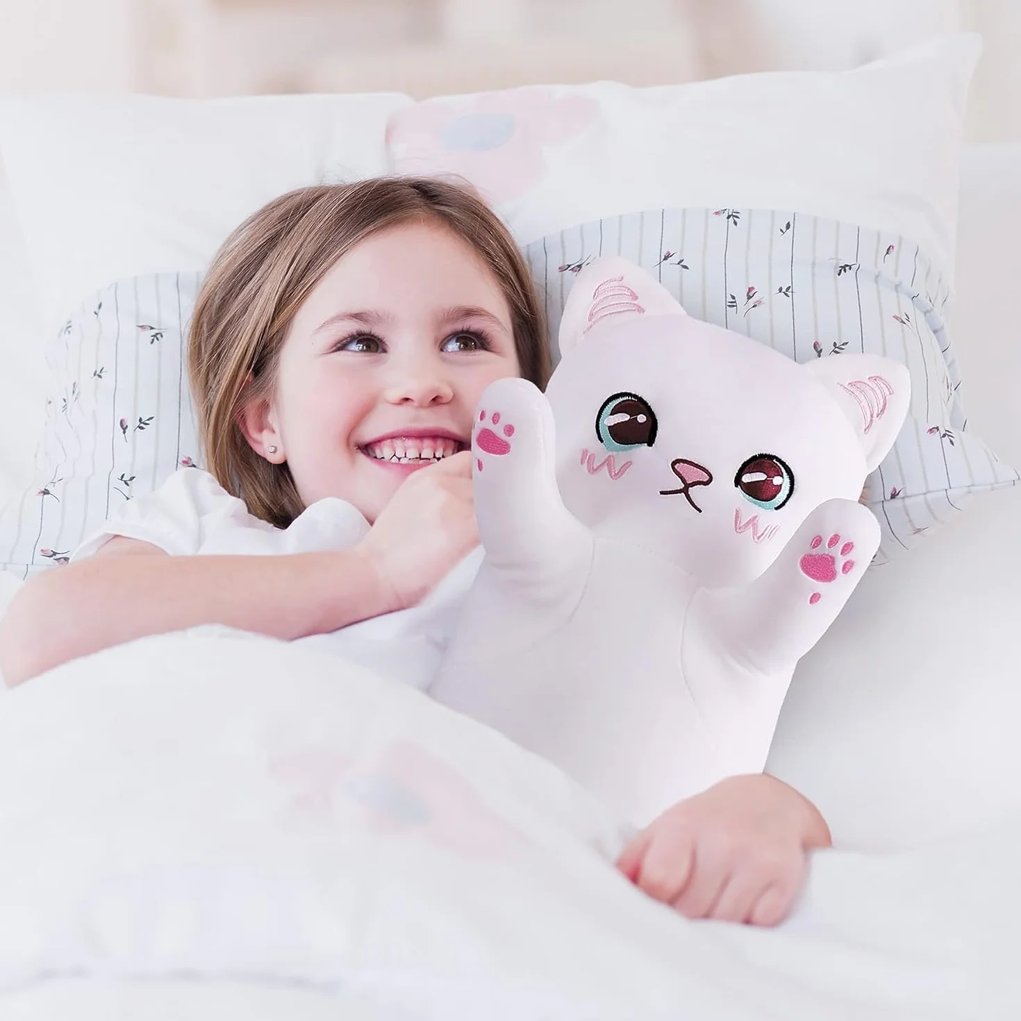 SNOWOLF Almohada Larga de Felpa Suave Gato Dibujos Animados 50 cm Blanco