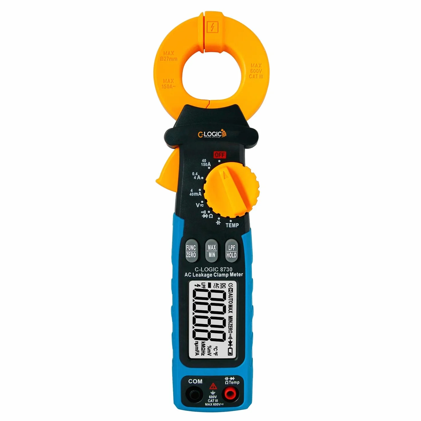 C-LOGIC 8730 Pinza de Fugas de Corriente AC 150A TRMS y Filtro Paso Bajo (LPF) Tension AC/DC 600V Resistencia Capacitancia Temperatura Rango AUTO CAT. III 600V