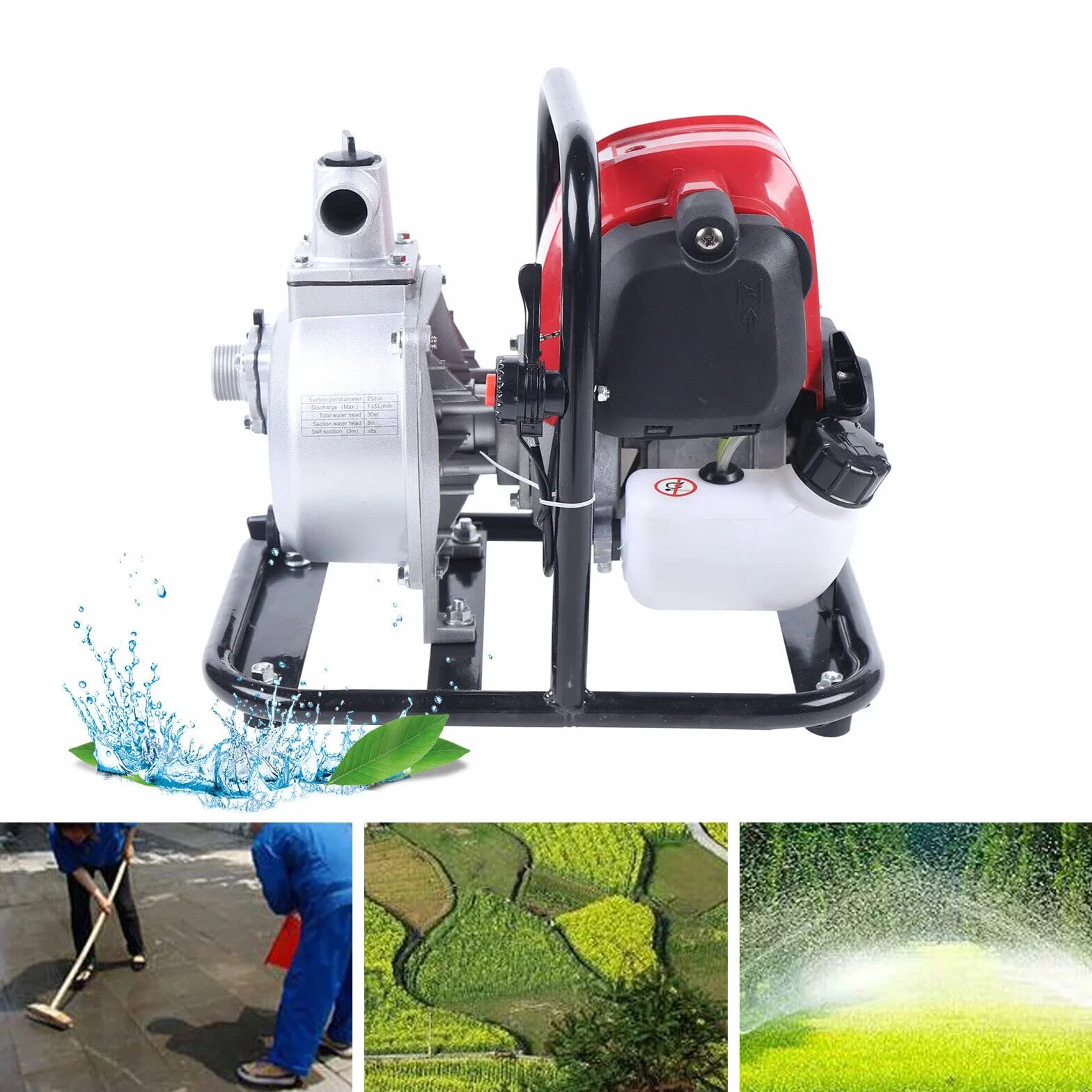 Bomba de Agua de Gasolina de 1,2 kW - 4 Tiempos, 1 Pulgada, Alta Presión - Para Riego de Jardín y Campo