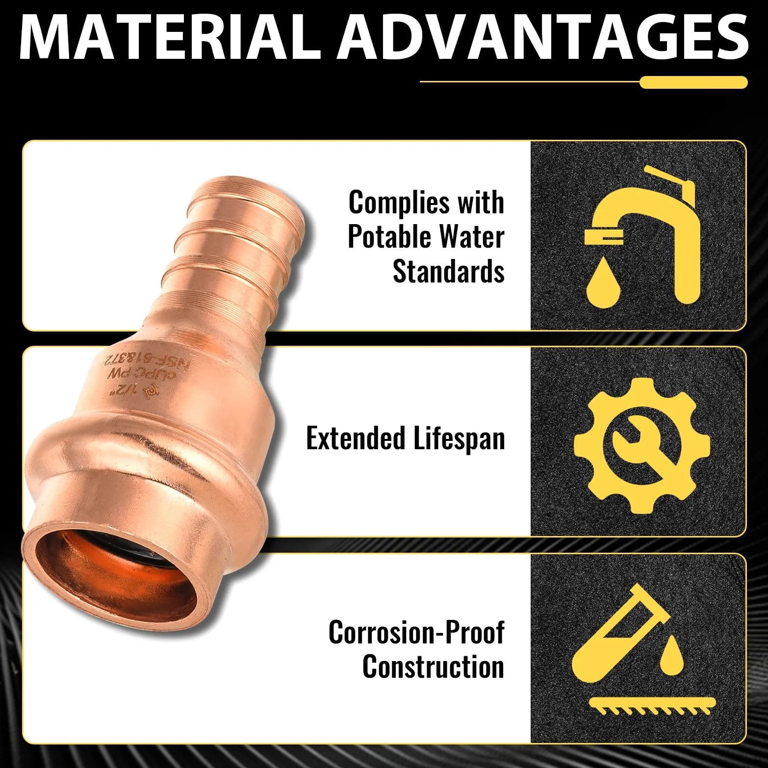 Paquete de 10 Conectores Foskan de 1/2" PEX con engaste x 1/2" de Cobre a presión, Accesorio de tubería de conexión a presión, diseño LBP para tubería de Cobre.