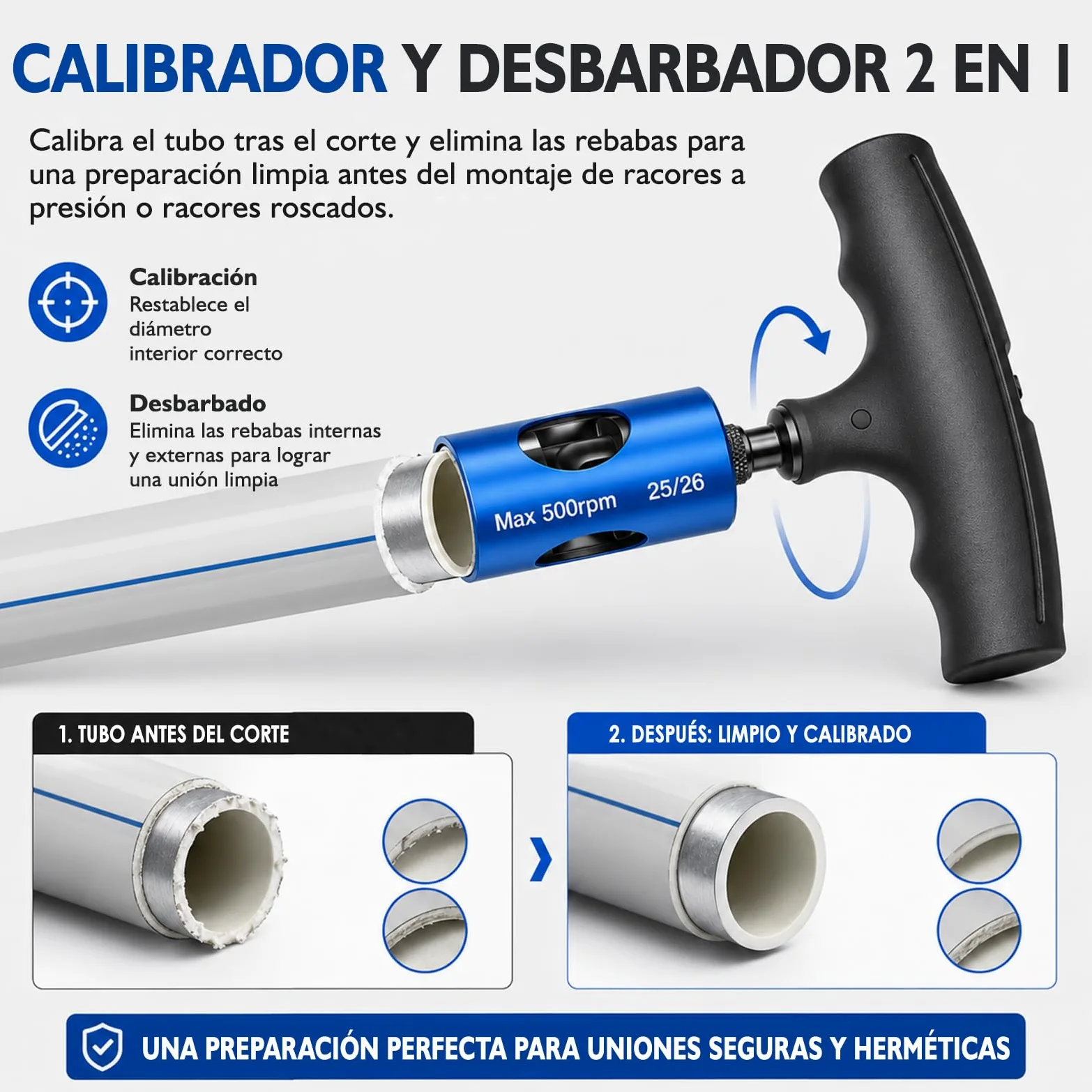 Kit Pro Escariador, Abocardador y Calibrador Multicapa Ø16-20-25/26-32 mm, Desbarbador para Taladro con 4 Cabezales, Mango y Maletín PEX PER