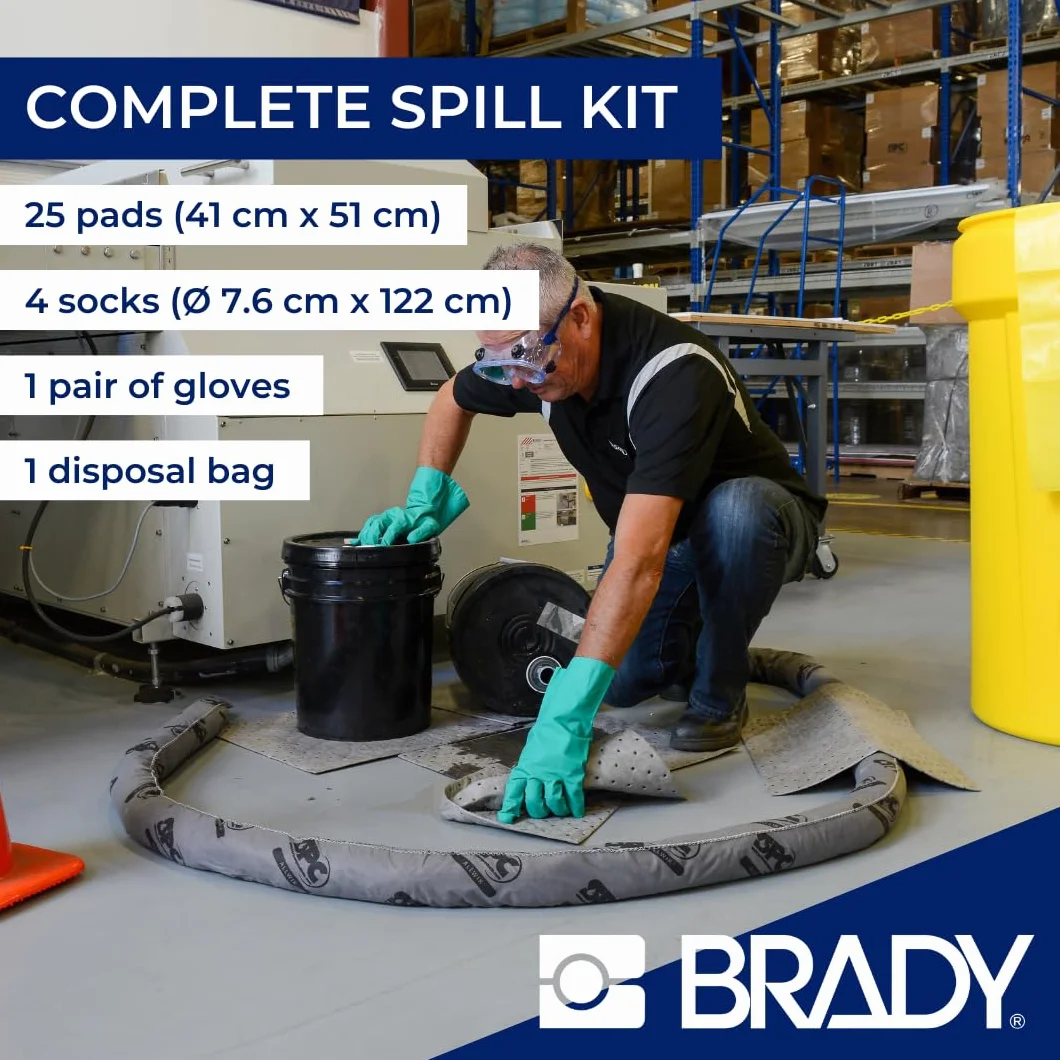 SPC® by Brady Kit Anticontaminación Universal – Kit Portátil para Derrames de Aceites, Agua, Solventes y Refrigerantes, Incluye 25 Almohadillas Absorbentes, 4 Calcetines, Guantes y Bolsa para Desechos
