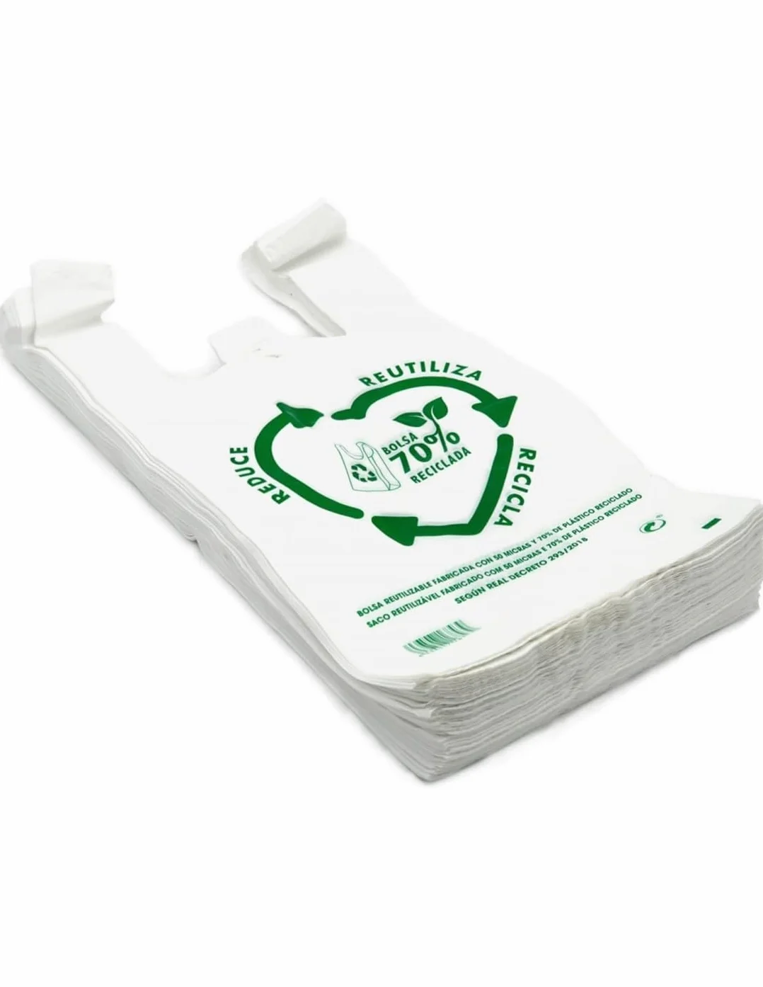 Bolsas de Plástico Camiseta Blanco 70% Reciclado 30x40 cm Galga 200 Pack 100 Unidades Alta Resistencia