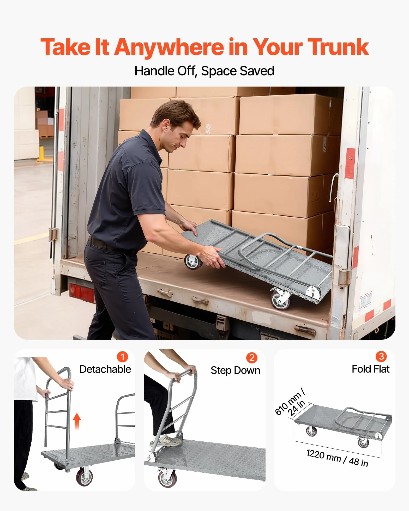 VEVOR Carro Plataforma Plegable de Acero 122 x 61 cm, Carretilla de Transporte Carga de 1202 kg, Carrito Portaequipajes con Plataforma con Ruedas de 152 mm, para Tareas Domésticas, Almacén, Mudanza