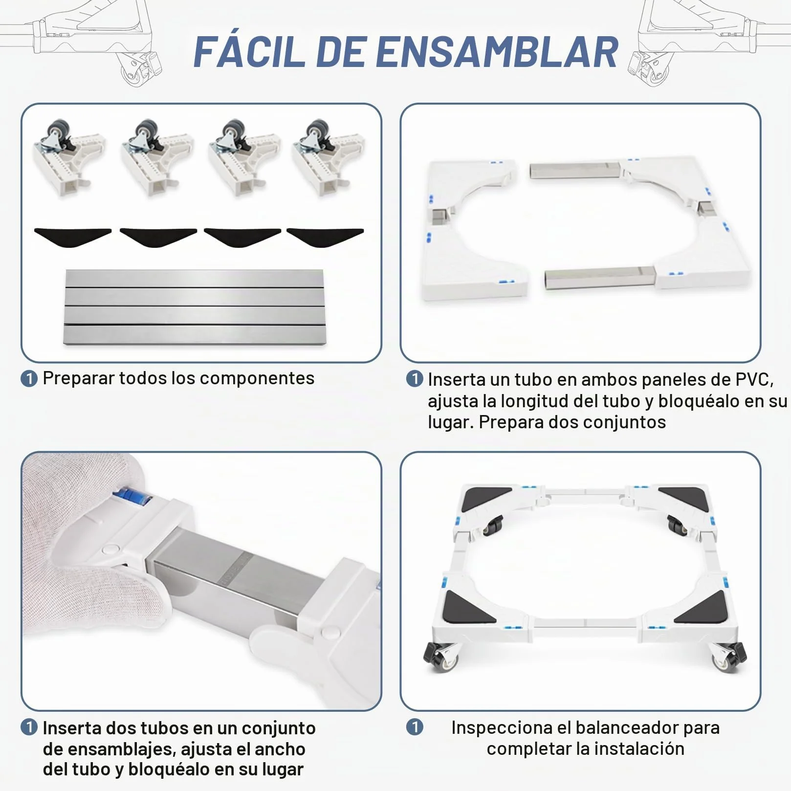 Soporte Lavadora Secadora Carga 200KG, Ancho Regulable 40-60cm, Base con Ruedas Freno, Antivibración, Blanco