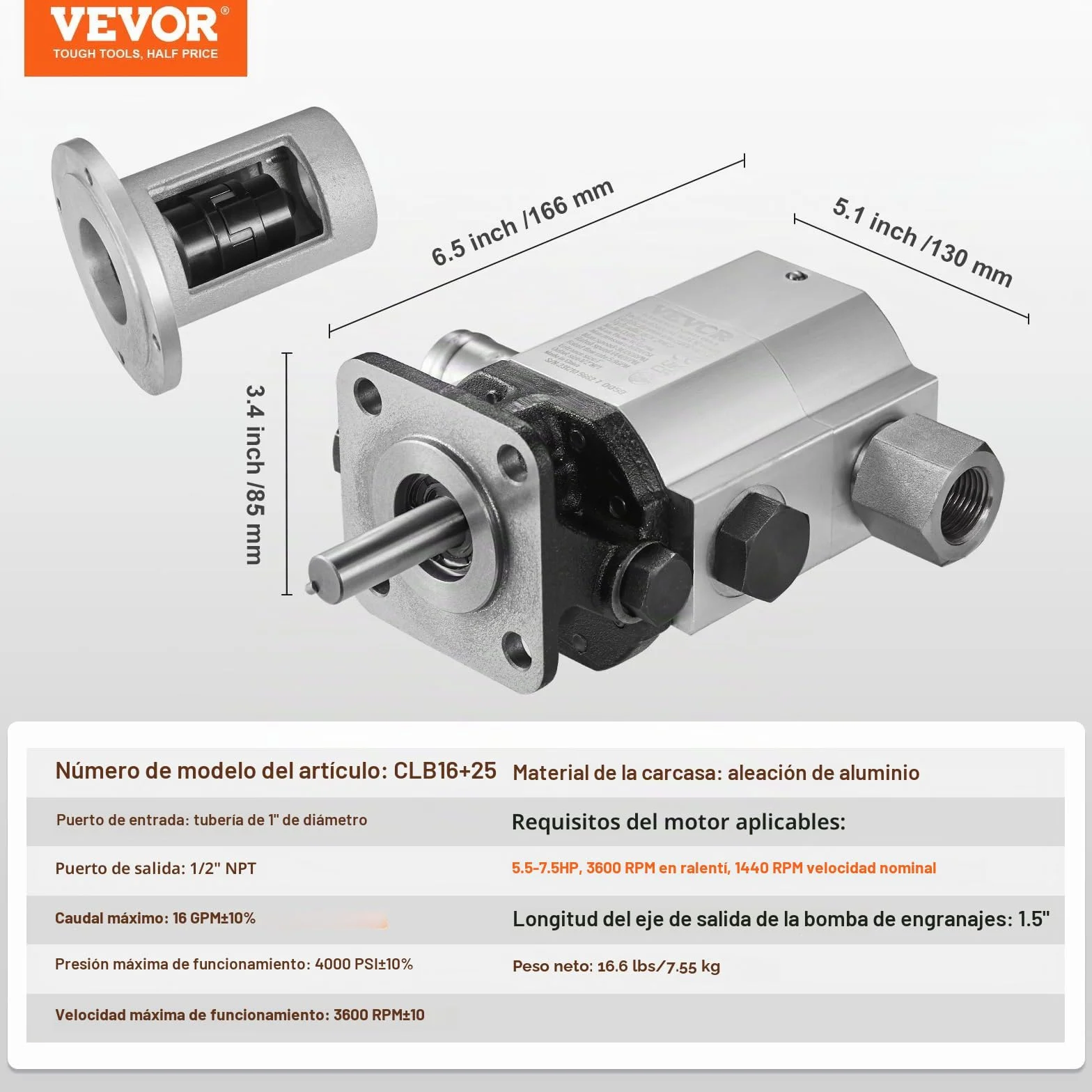VEVOR - Kit de Bomba hidráulica para Troncos de 16 GPM, Bomba de Engranajes hidráulica de Aluminio de 2 etapas 4000 PSI con válvula de Entrada de 1 Pulgadas, Salida NPT 1/2 '' 3600 RPM, para Motor