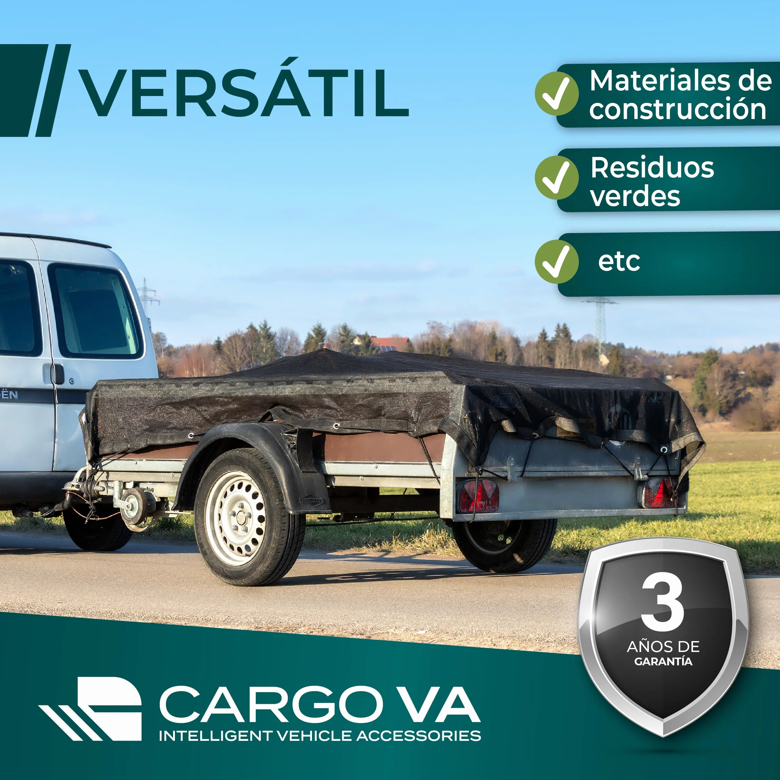CargoVA® - Red de Remolque de Malla Fina 3x6M - Red de Cobertura Negra de Malla Fina con Cuerda elástica - para una sujeción óptima de la Carga