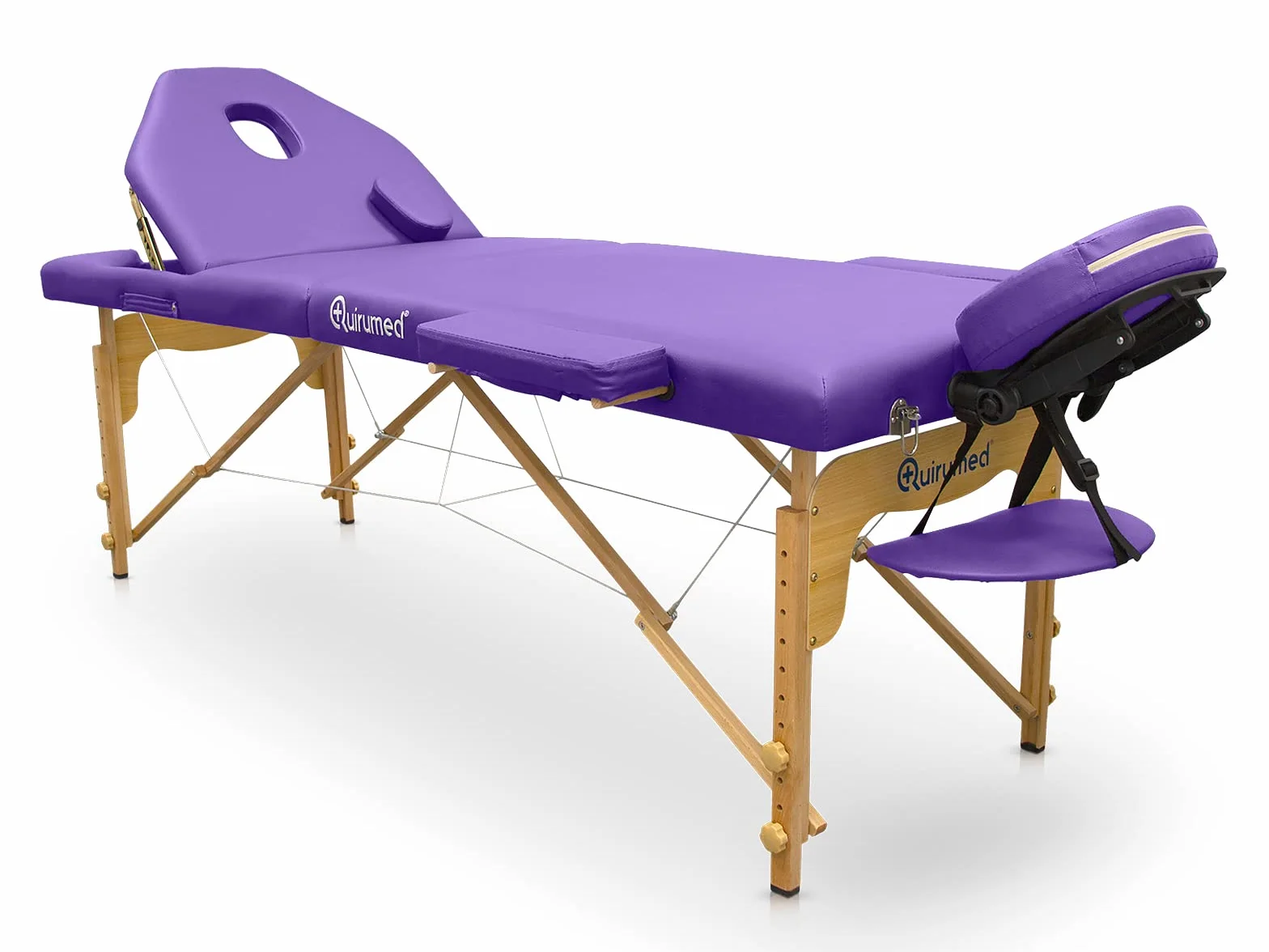 QUIRUMED Camilla Plegable de Madera Pro, 194 x 70 cm, con Respaldo abatible, Color Morado, Polipiel, Orificio Facial, Cabezal extraíble, Altura Regulable, hasta 150 kg