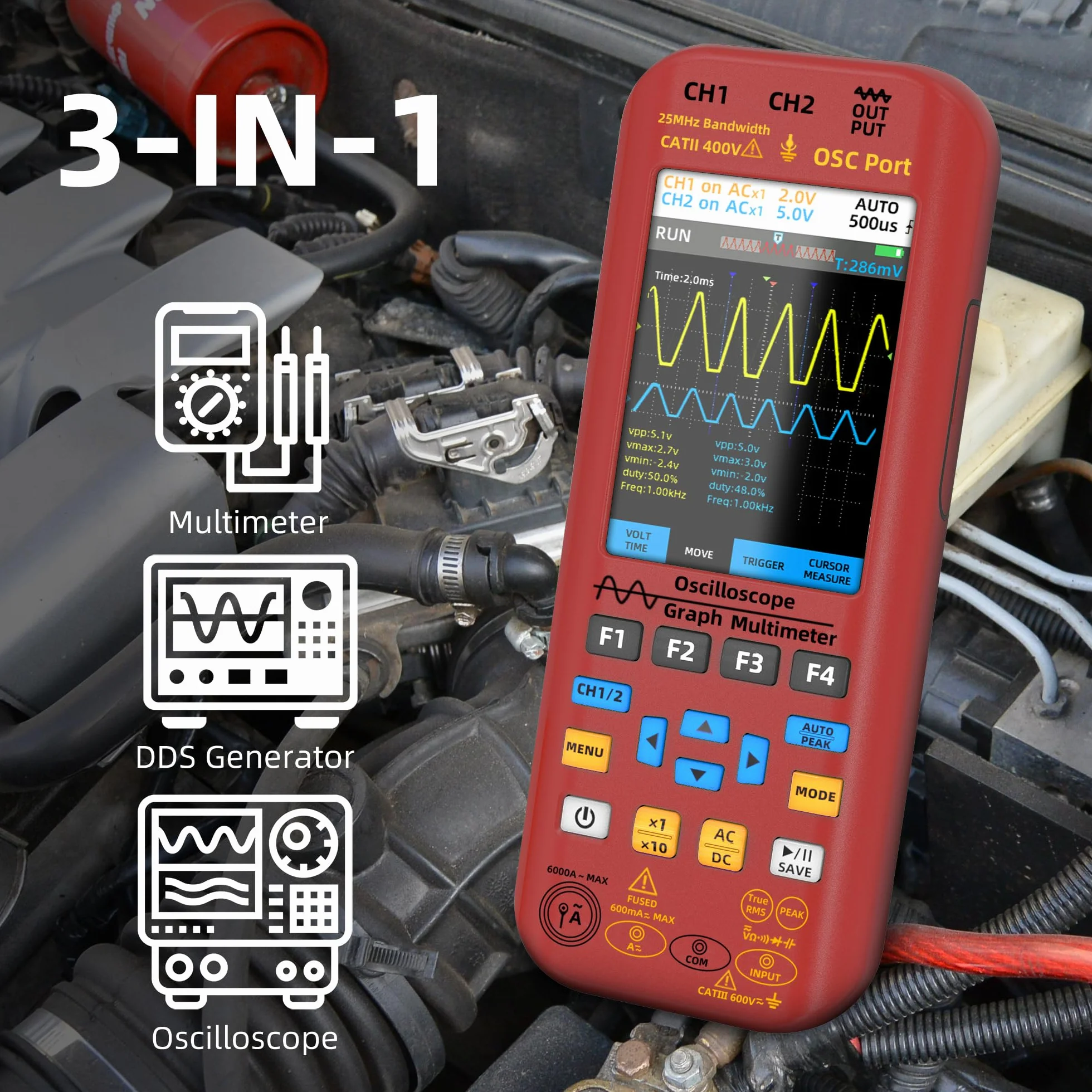 BSIDE O9 Osciloscopio automotriz de mano de 2 canales, 50 MHz, 250 MSa/s, 5000 mAh, multímetro TRMS 20000 cuentas, pantalla de visión completa de 3.9 pulgadas, generador de señal de forma de onda