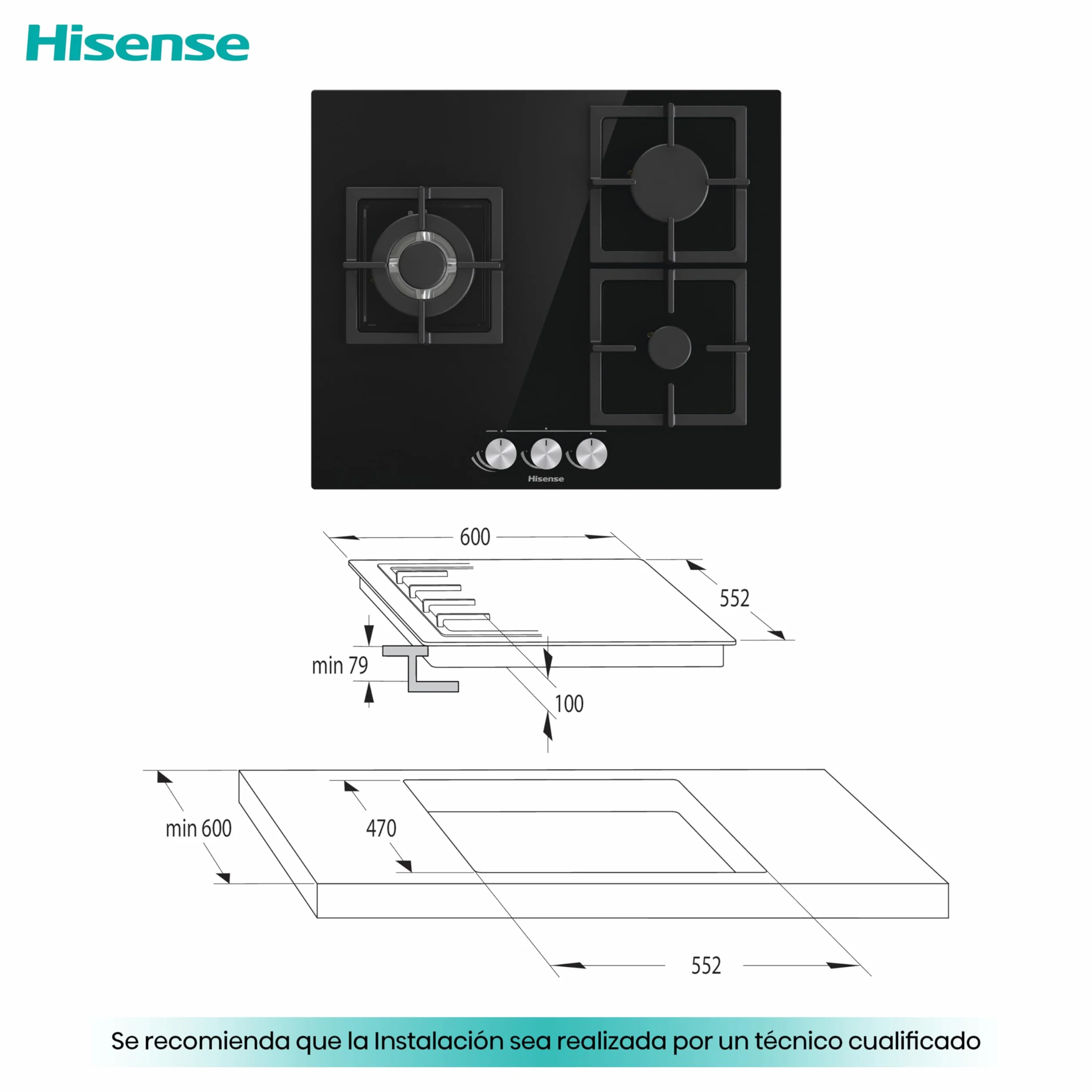 Hisense GG633B Placa de Gas Natural 60 cm 3 Zonas Parrilla Hierro Fundido Cristal Templado Negro Autoencendido GasStop