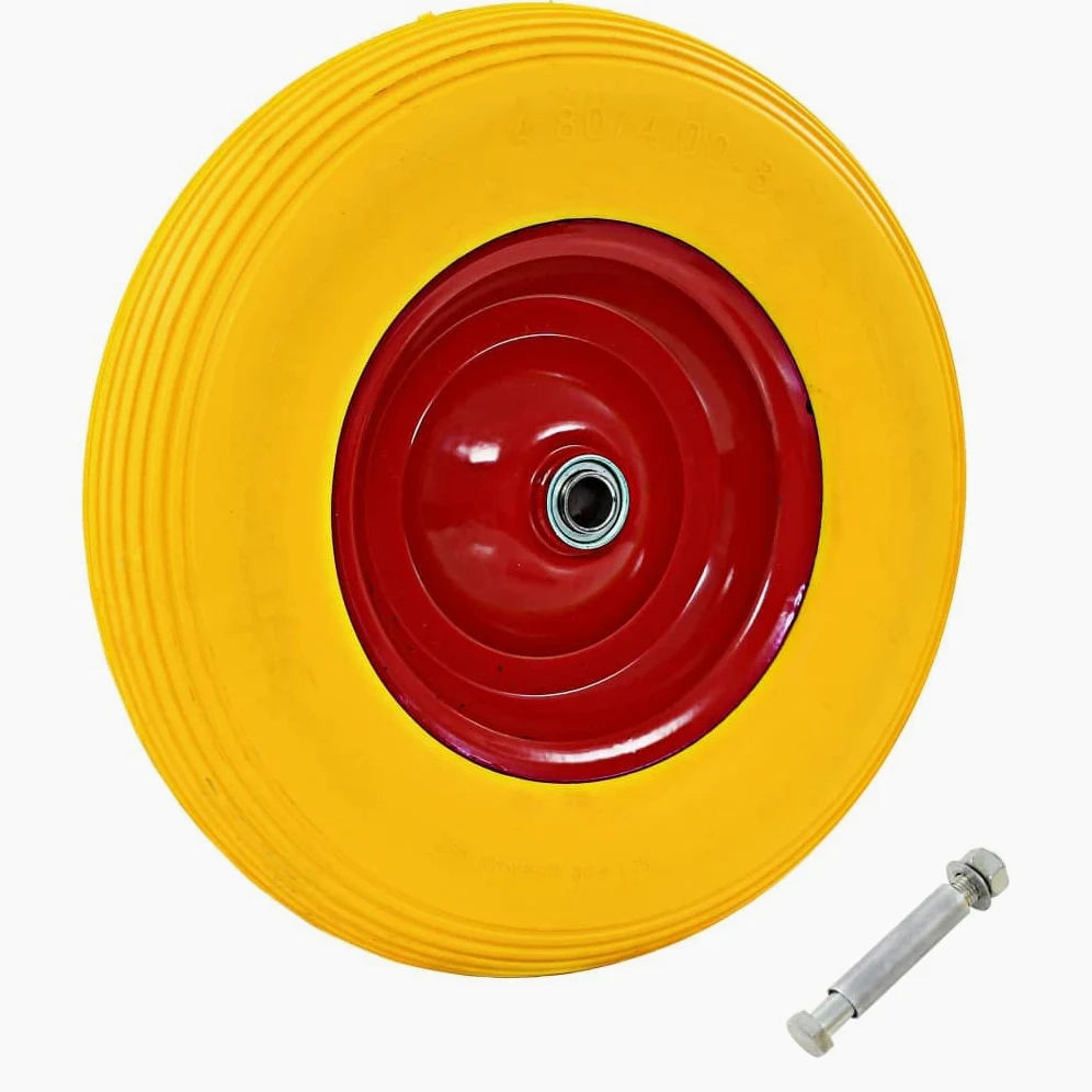 Rueda de carretilla con eje de poliuretano macizo, 4,00 – 8, 390 x 90 mm, llanta de metal, 1 rueda y 1 eje, para carro, carretilla de mano, 160 kg