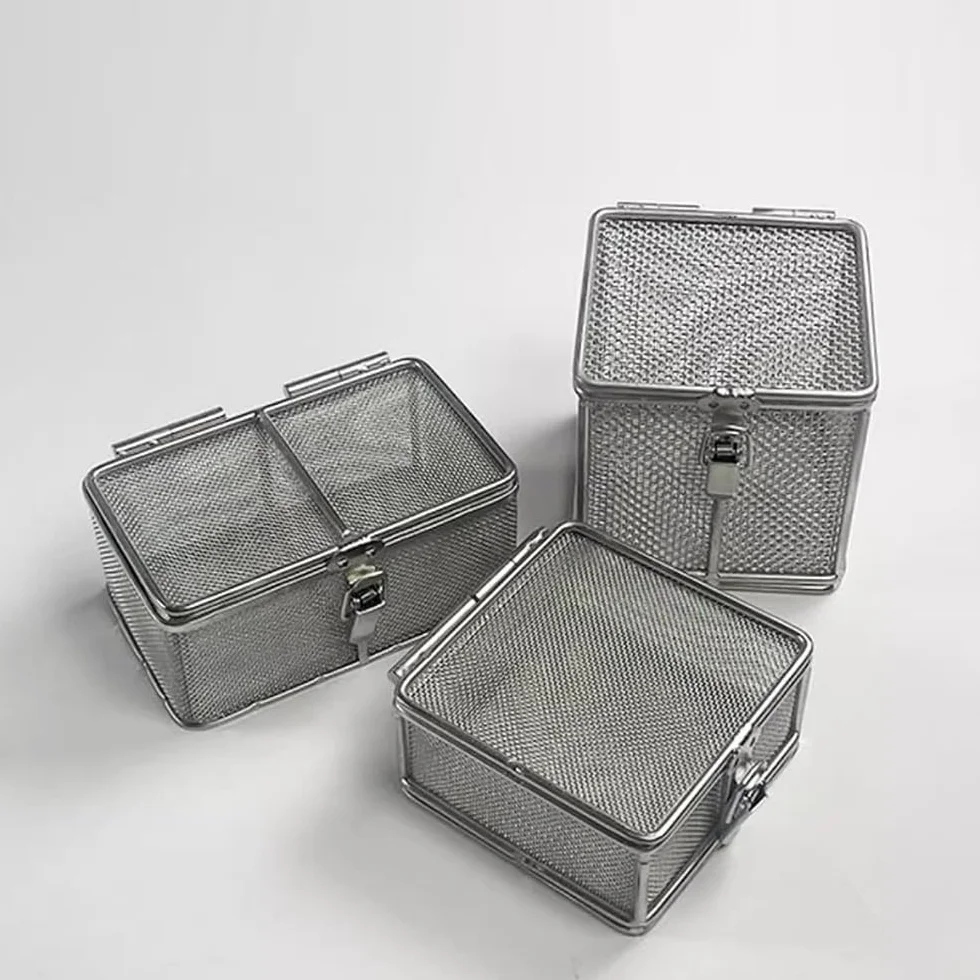 Cesta de esterilización para instrumentos quirúrgicos, caja de malla de acero inoxidable con tapa, apta para autoclave para uso hospitalario y laboratorio, 25 x 17 x 7 cm