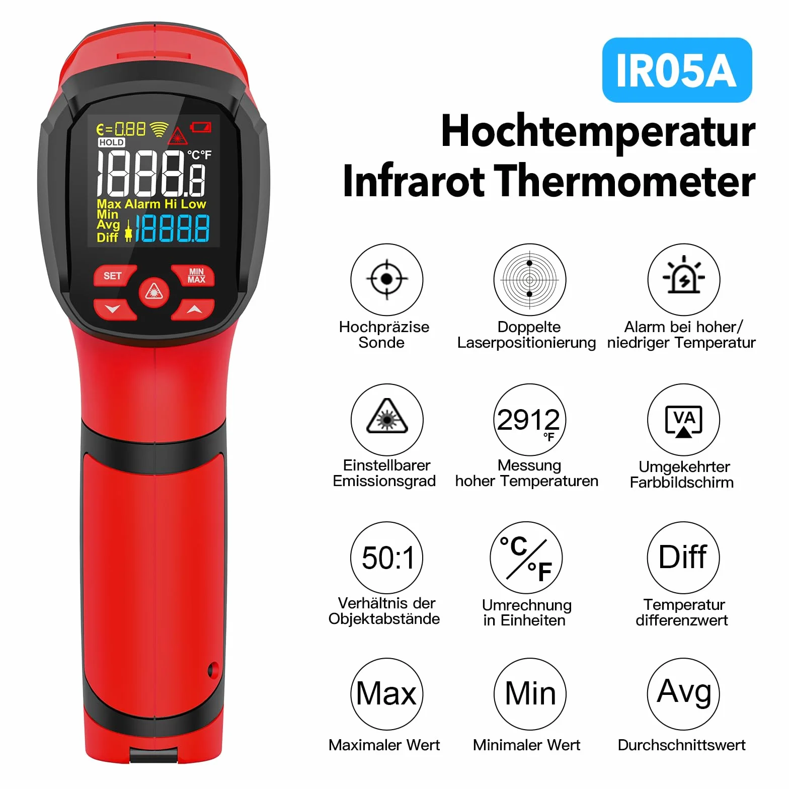 MESTEK Termómetro Infrarrojo Láser -40℃~1600℃ Pistola de Temperatura Sin Contacto Pantalla LCD a Color Ajuste Emisividad