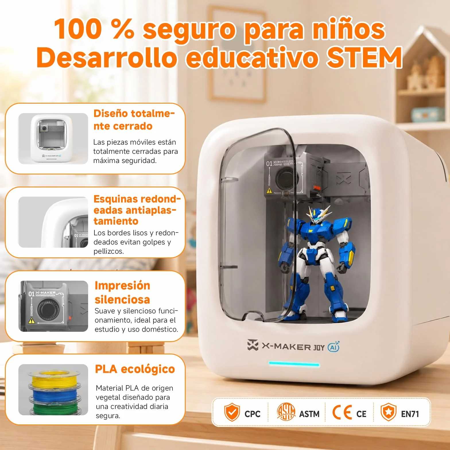 Impresora 3D con IA, 8 Rollos de Filamento PLA, App de Diseño Inteligente, Plantillas 3D y 16 Módulos Mini, Control por App, Time-Lapse, Uso Doméstico