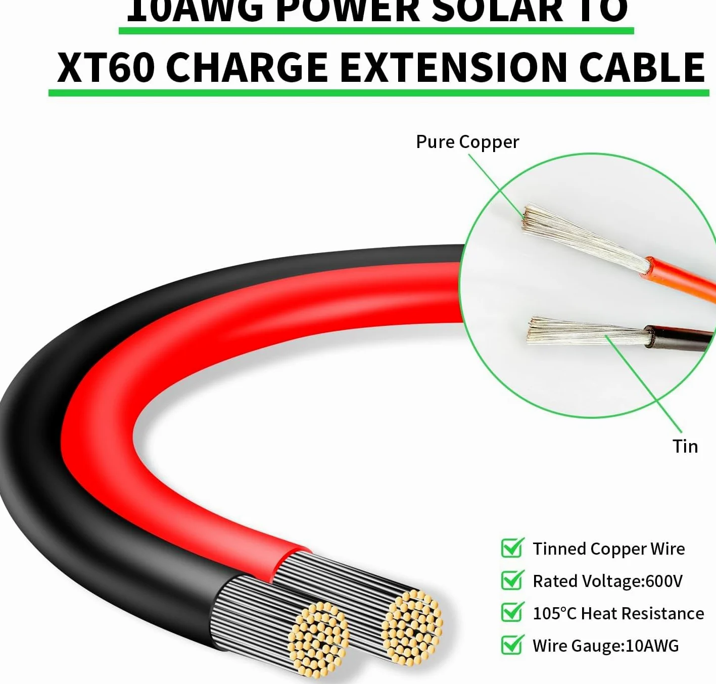 Conector de panel solar a XT60 Cable conector de 50 pies, 10 AWG Solar a XT60 Cable de extensión de carga XT60 (enchufe hembra) para panel solar plegable RV, estación de energía portátil, generador