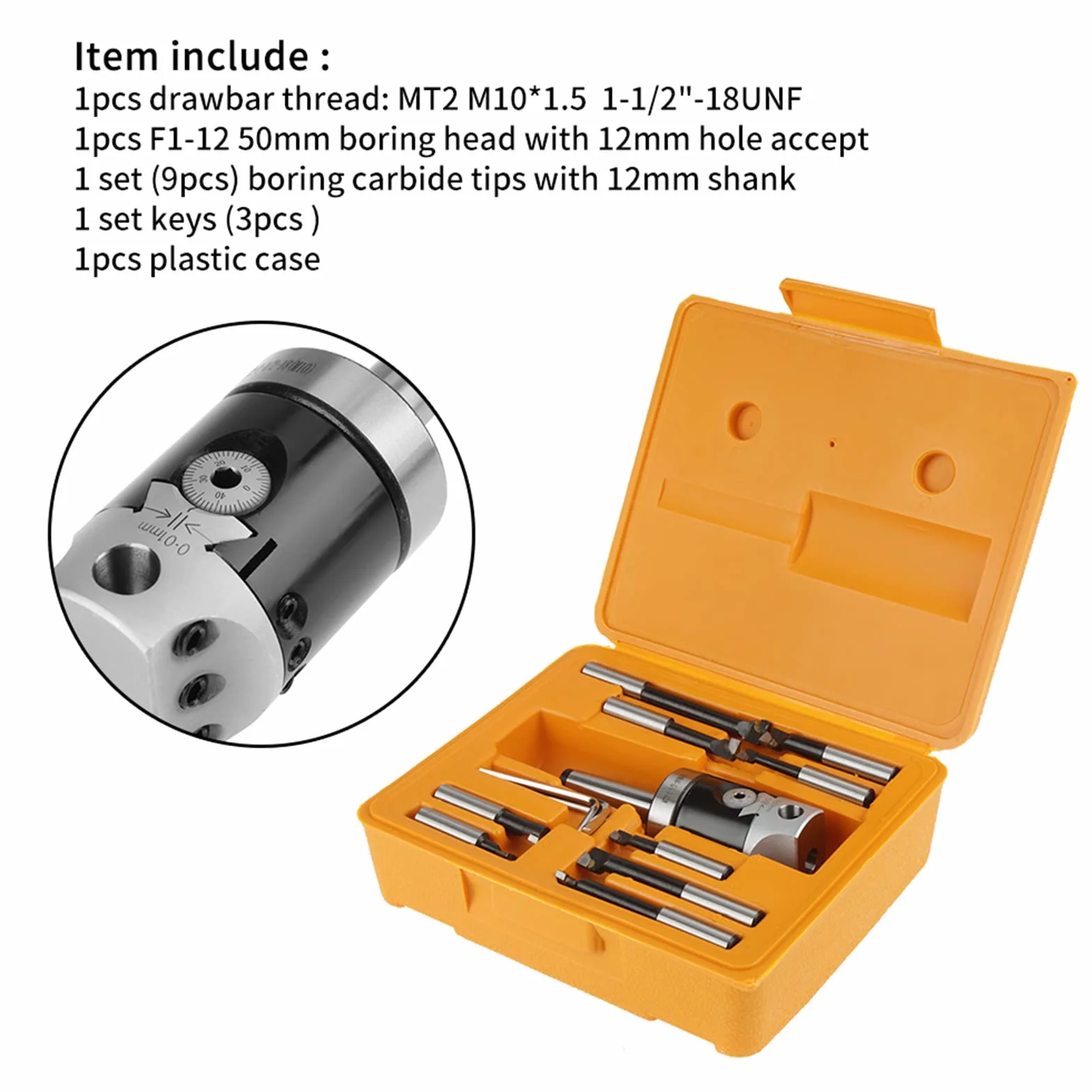 Cabezal de Mandrinado MT2-M10 y F1-12 de 50 mm con Juego de Herramientas de Perforación y Barra de 12 mm en Estuche