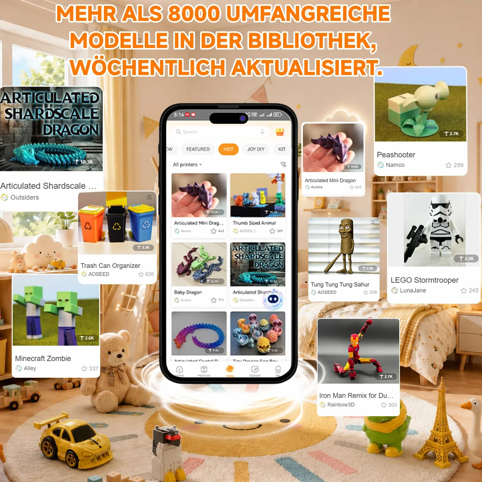 Impresora 3D con IA, 8 Rollos de Filamento PLA, App de Diseño Inteligente, Plantillas 3D y 16 Módulos Mini, Control por App, Time-Lapse, Uso Doméstico