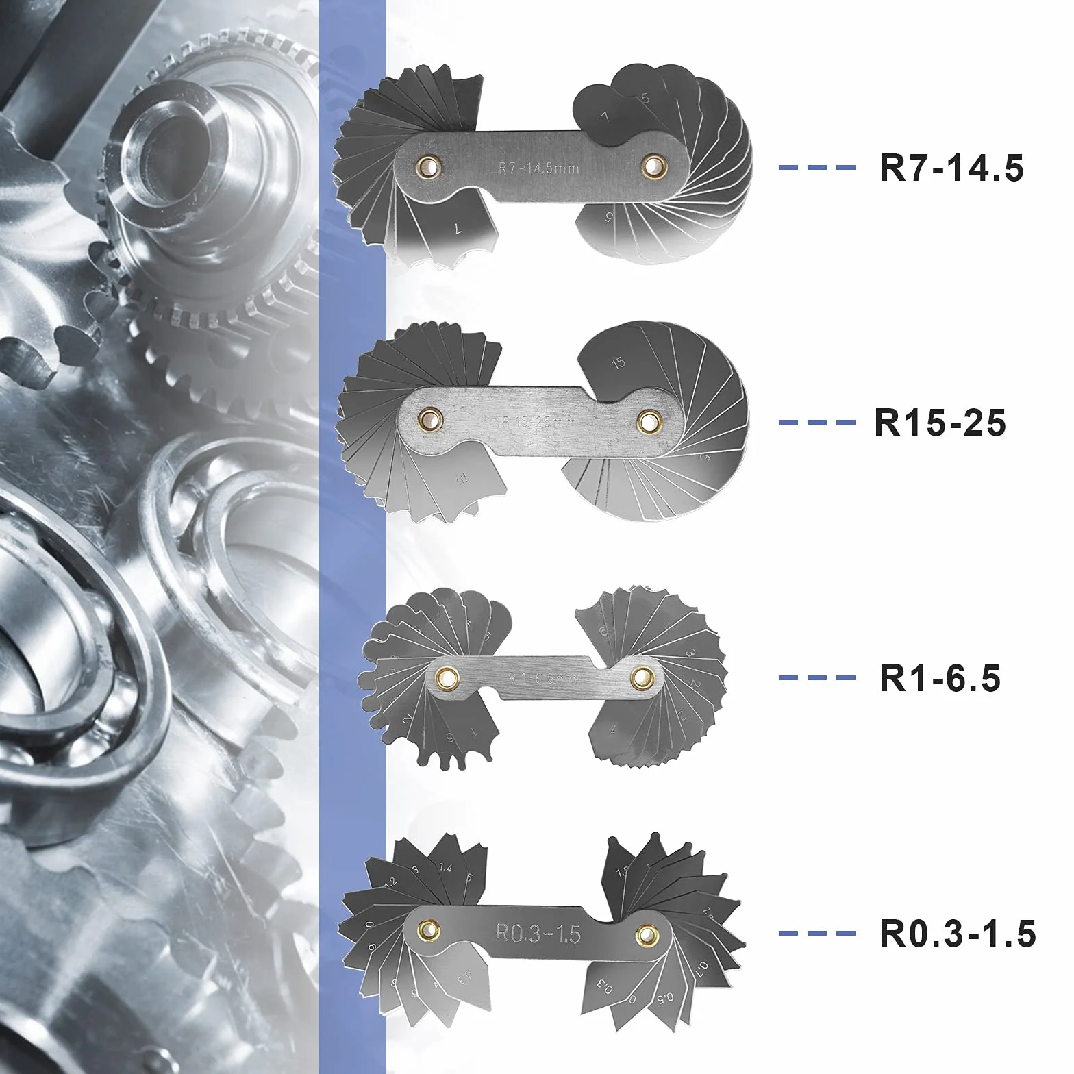 Paquete de 4 medidores de filete de radio R0.3-1.5, R1-6.5, R7-14.5, R15-25 para troqueladoras