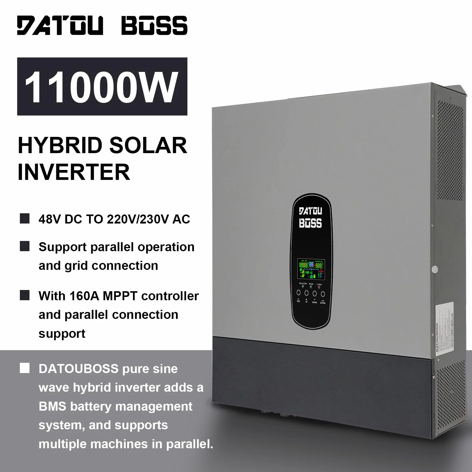 DATOUBOSS 11KW Inversor Híbrido 48V,Inversor Solar Híbrido 48V de Onda Sinusoidal Pura,Admite Funcionamiento en Paralelo y Funcionamiento Sin Batería 150A MPPT,Admite baterías de Plomo-ácido y Litio