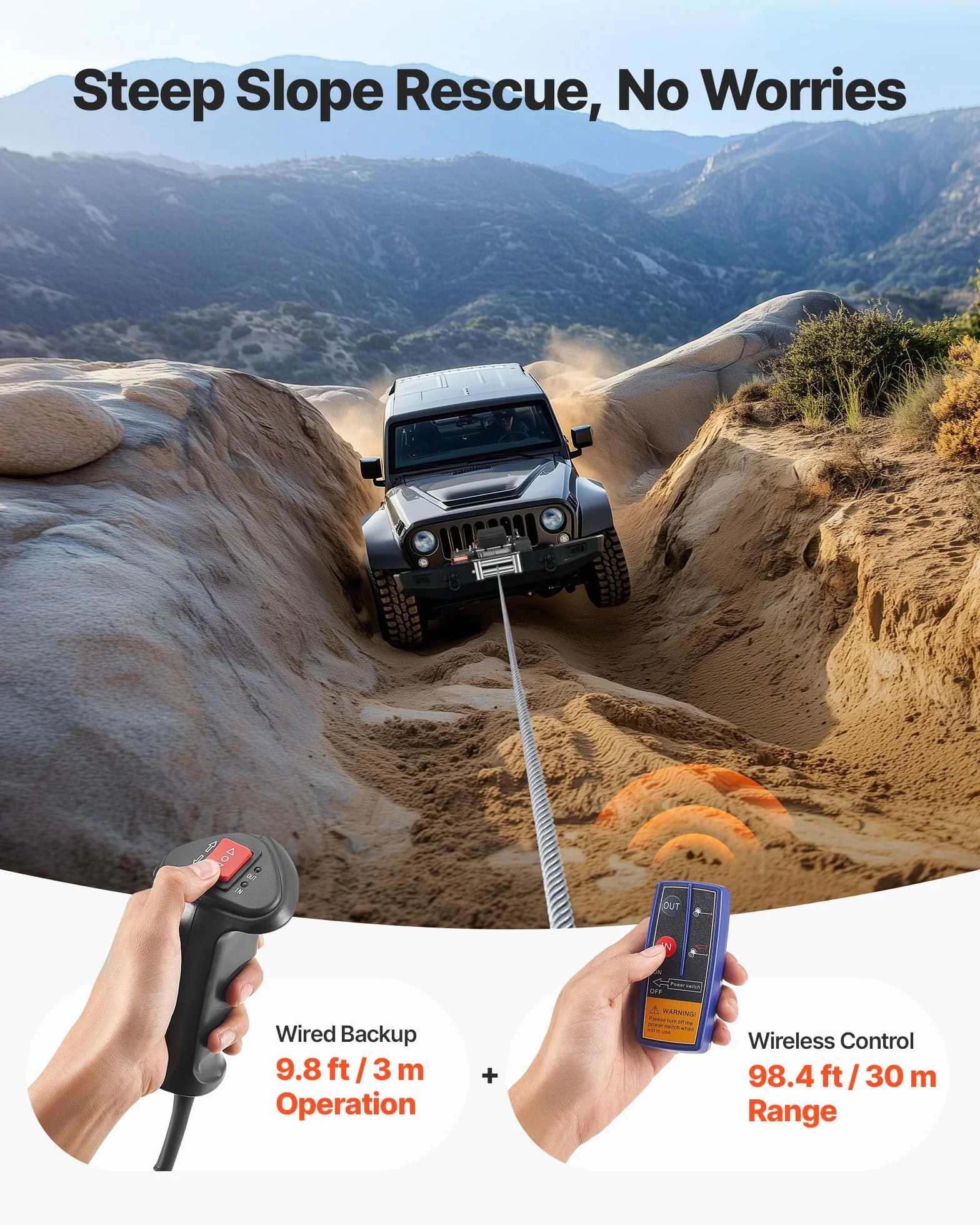 VEVOR Cabrestante Eléctrico, Fuerza Tracción Nominal 5400 kg, 12 V CC, Cable de Acero 24 m, Control Remoto Inalámbrico, IP55, para Remolcar SUV, Jeep, Remolques, Barcos y SUV, 534 x 160 x 215 mm