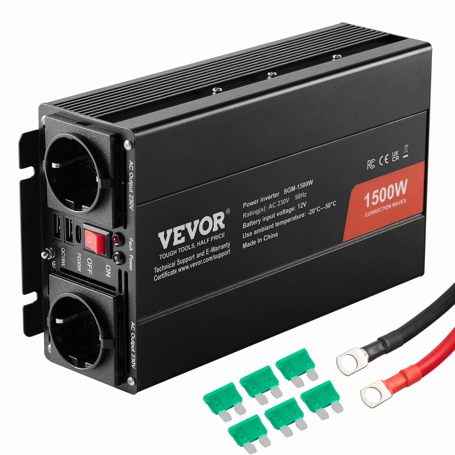 VEVOR Inversor de Corriente de Onda Sinusoidal Modificada 1500 W Inversor de Corriente CC 12 V a CA 230 V con 2 Salidas CA 2 Puertos USB, 1 Puerto Tipo C, 6 Fusibles de Repuesto para Teléfonos, PC