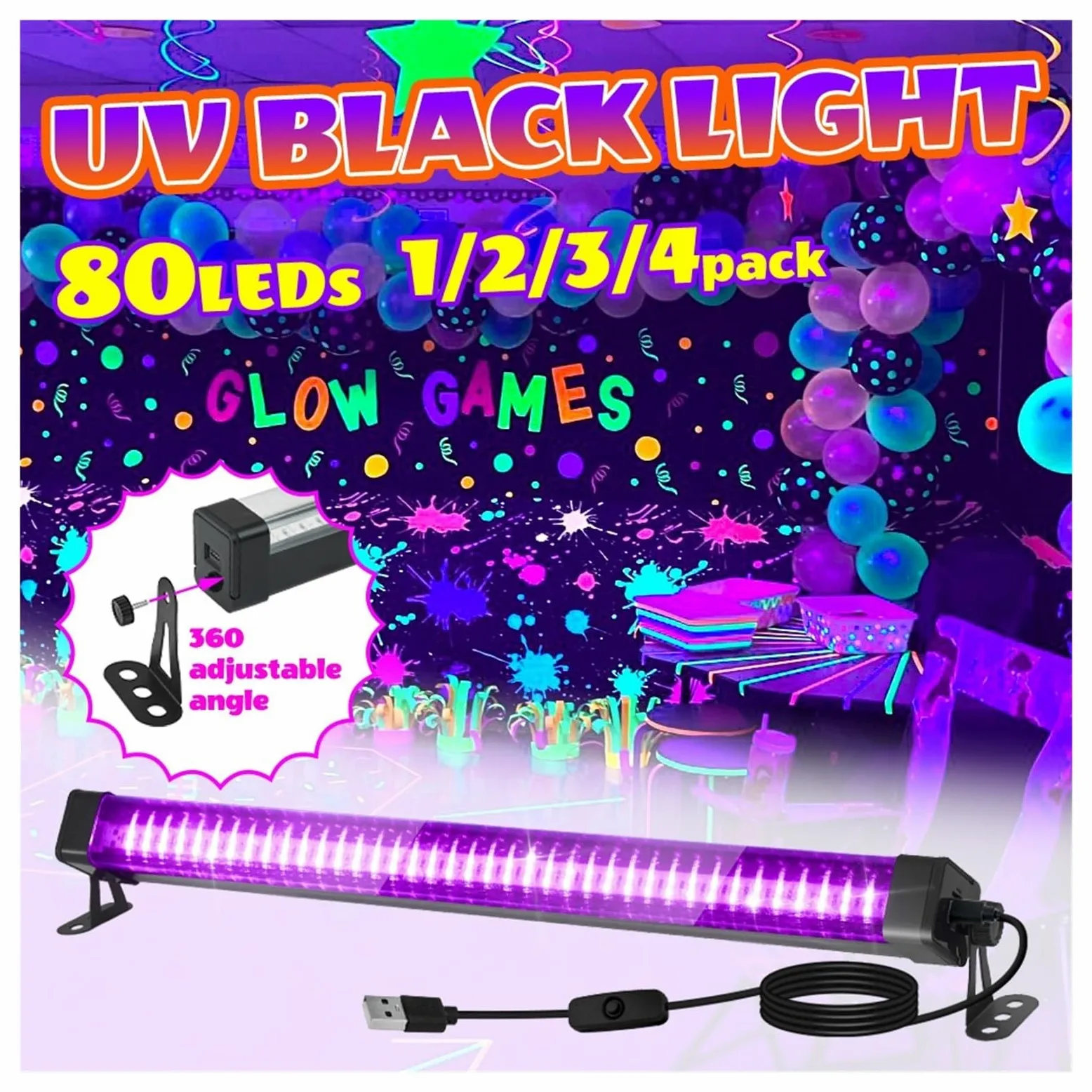 Tubo de luz negra LED 80 luces - Con interruptor, rotación 360 ​​grados, lámpara UV for fiestas fluorescentes, arte corporal, Halloween y Navidad, Multiuso confiable(80LEDs-3P)