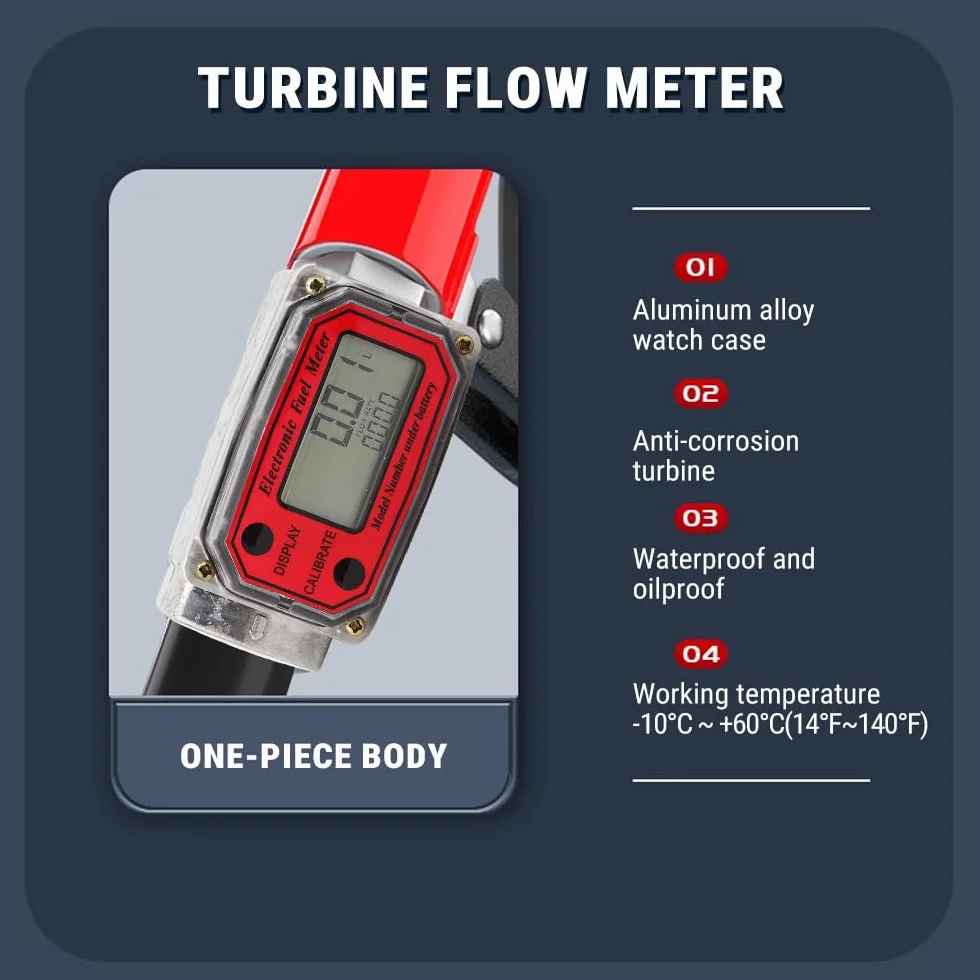 Medidor de Flujo de Turbina Digital 1" NPT 15-120L, Caudalímetro Agua con Pantalla LCD, para Diésel y Gasolina (Rojo)