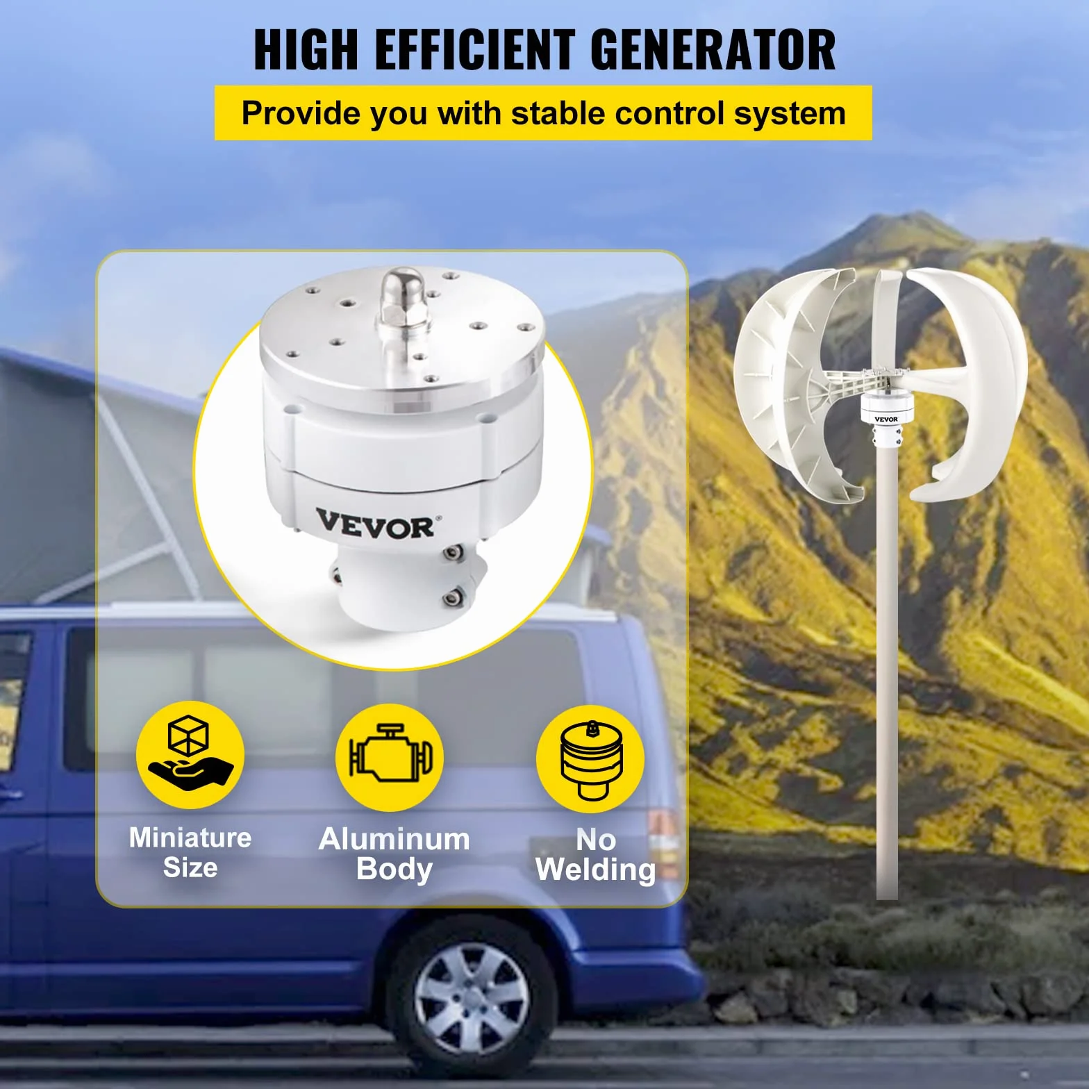 VEVOR Aerogenerador 400W 12V Generador de Turbina Eólica Linterna Blanca Generador de Viento Vertical 5 hojas Turbina de Viento 12V Aerogenerador Eolico